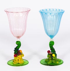 Pair of Cornucopia Goblet in Blown Murano Glass with Gold Finishes, 1960s, Italy