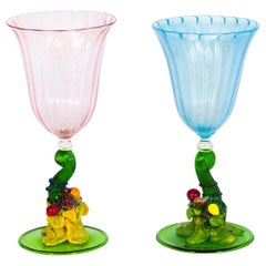 Retro Pair of Cornucopia Goblet in Blown Murano Glass with Gold Finishes, 1960s, Italy