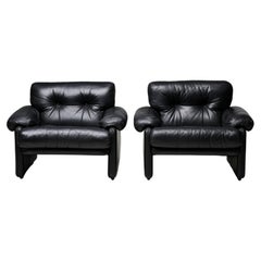 Pair of Coronado Arm Chairs Black Leather by Tobia Scarpa for B&B Italia, 1976