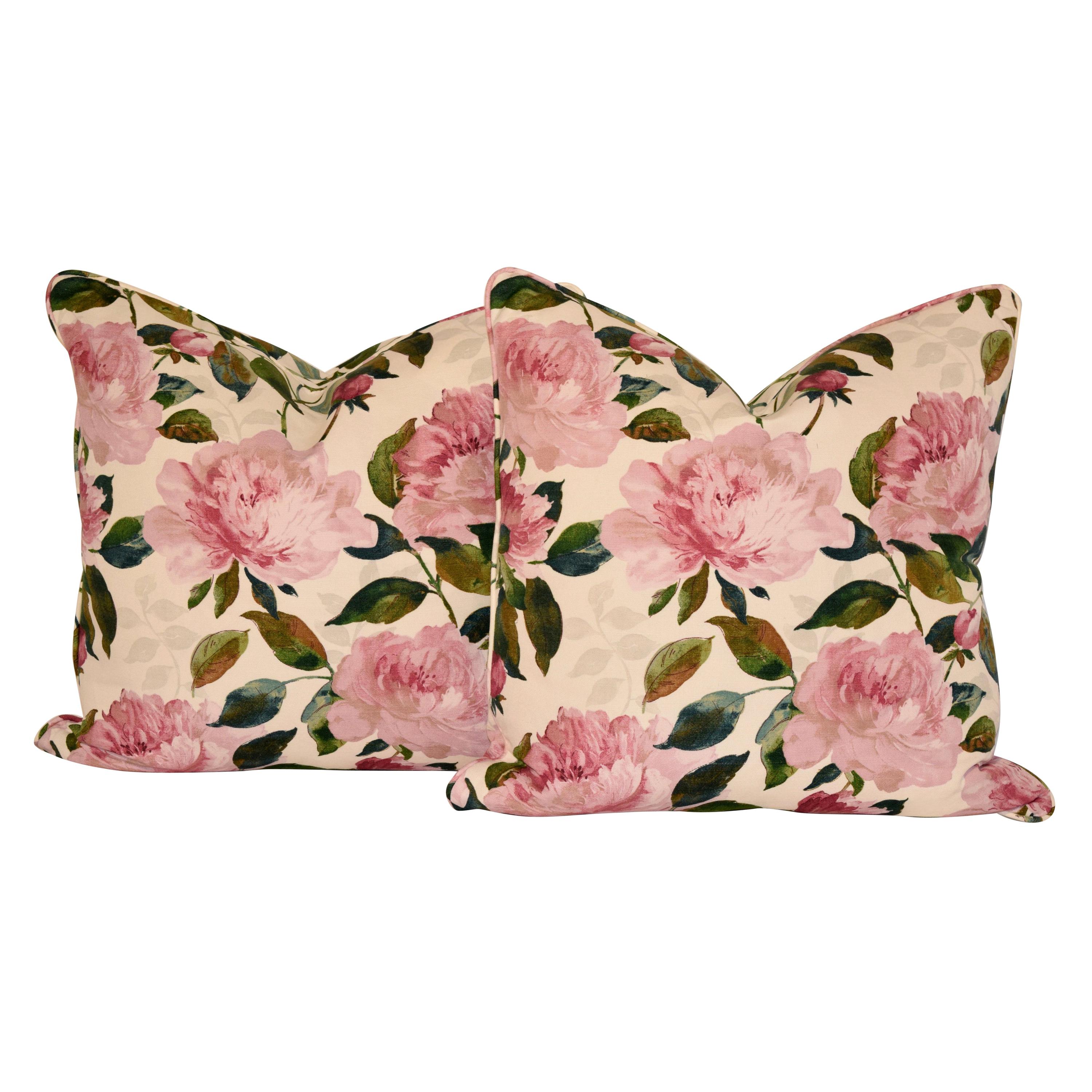 Handmade Cotton Floral Pillows with Peony Design For Sale