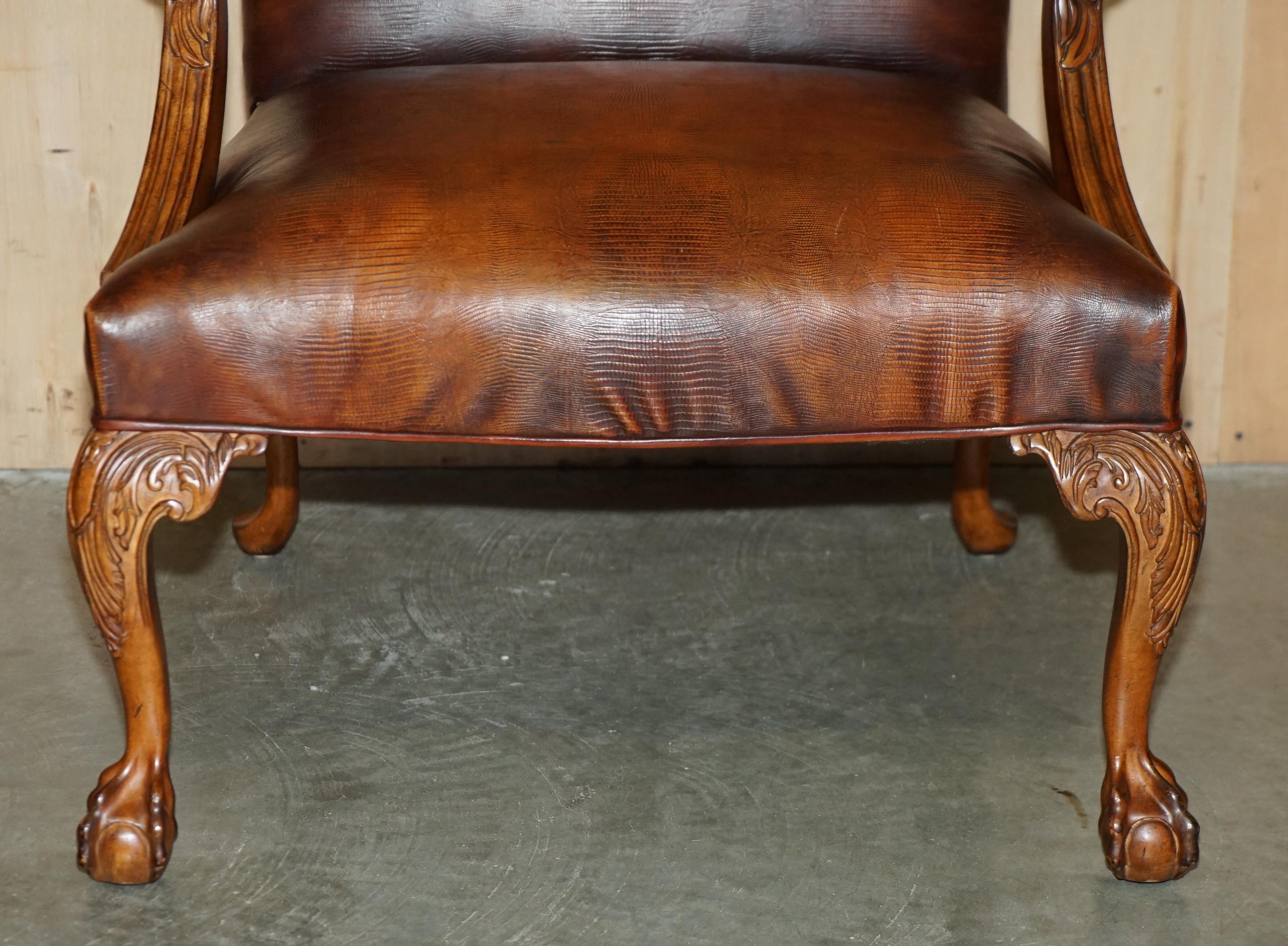 PAIR OF COUNCILL USA BROWN CROCODILE ALLIGATOR LEATHER CLAW & BALL ARMCHAIRs For Sale 3