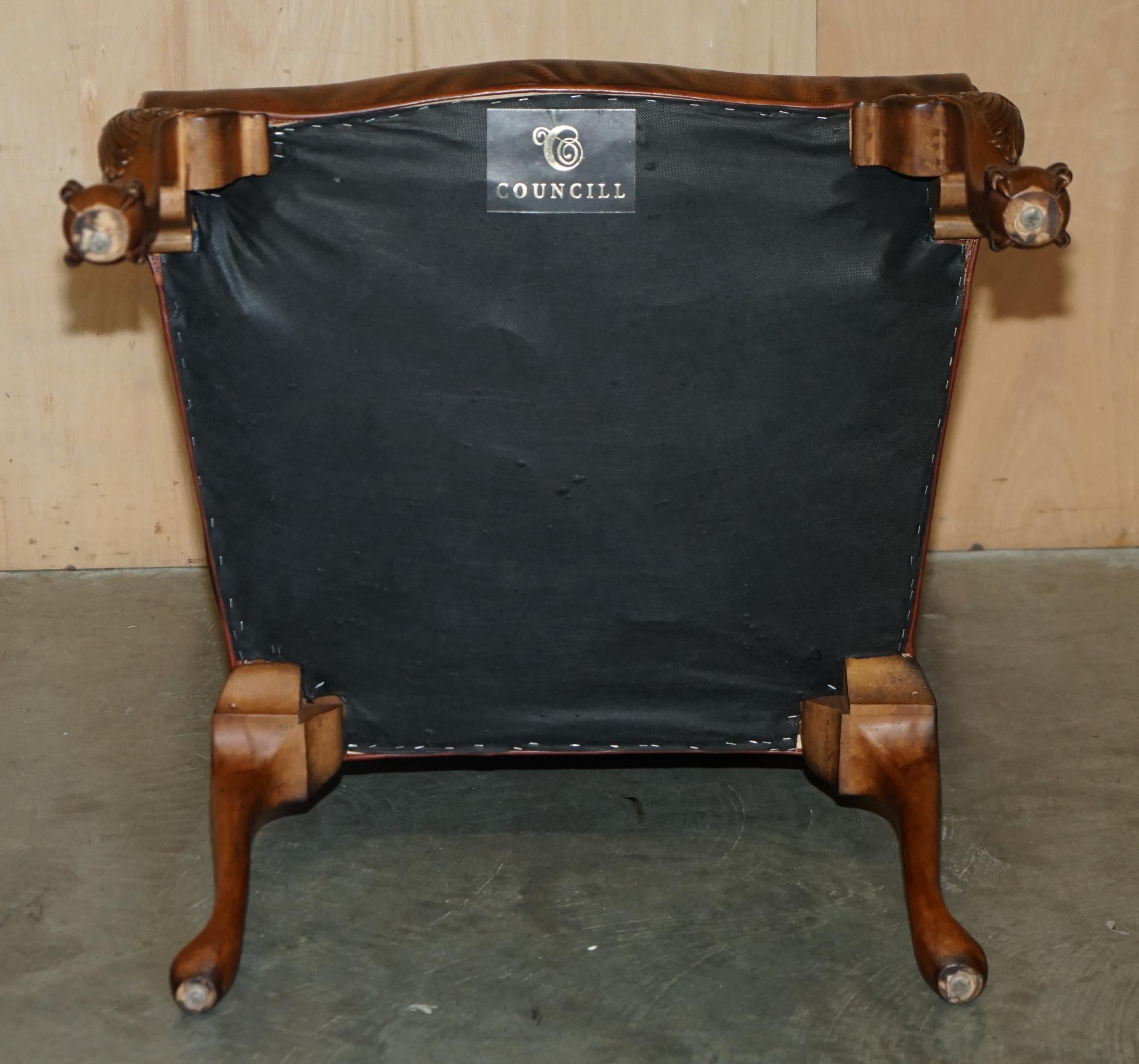 PAIR OF COUNCILL USA BROWN CROCODILE ALLIGATOR LEATHER CLAW & BALL ARMCHAIRs For Sale 9