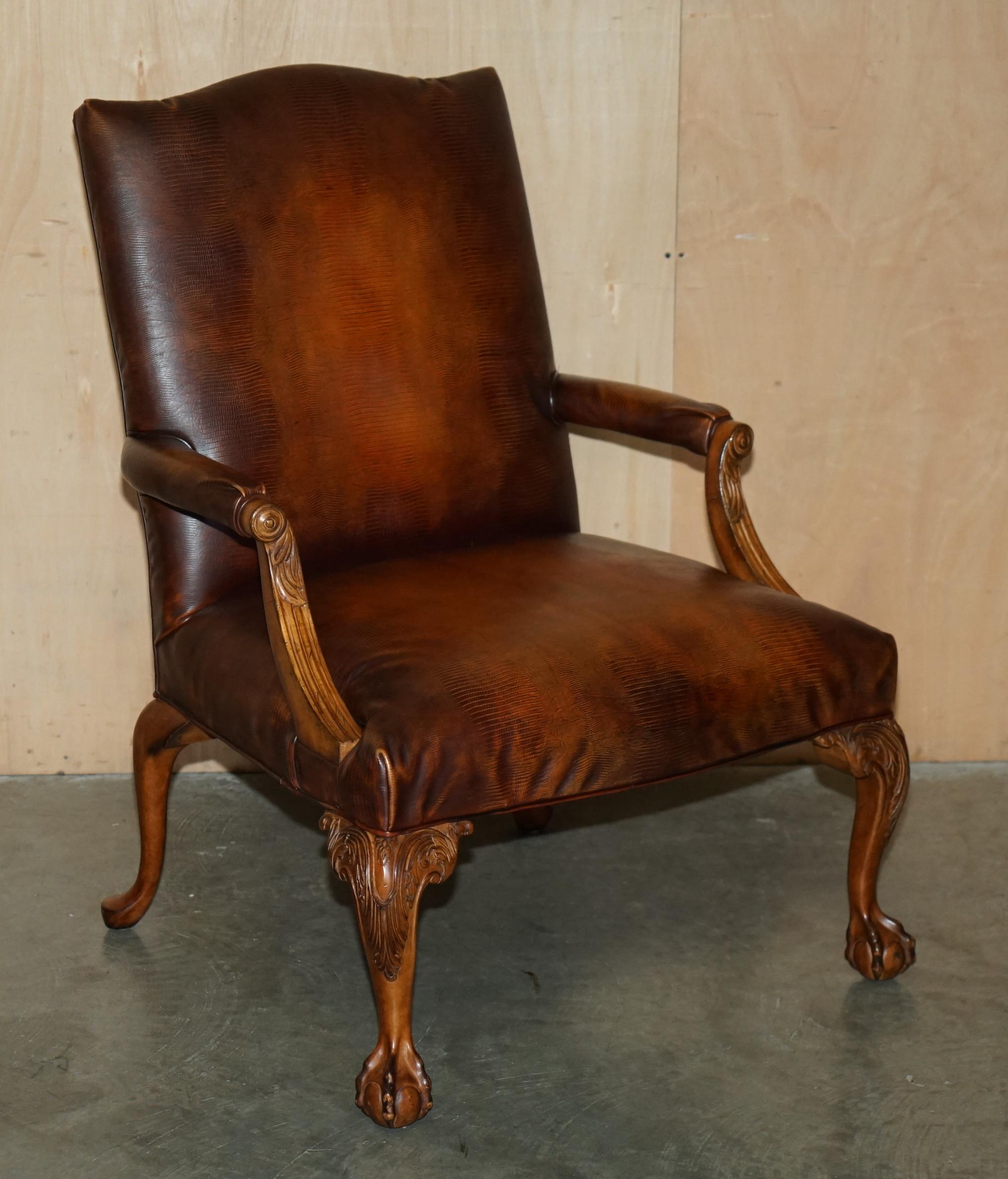 PAIR OF COUNCILL USA BROWN CROCODILE ALLIGATOR LEATHER CLAW & BALL ARMCHAIRs For Sale 11