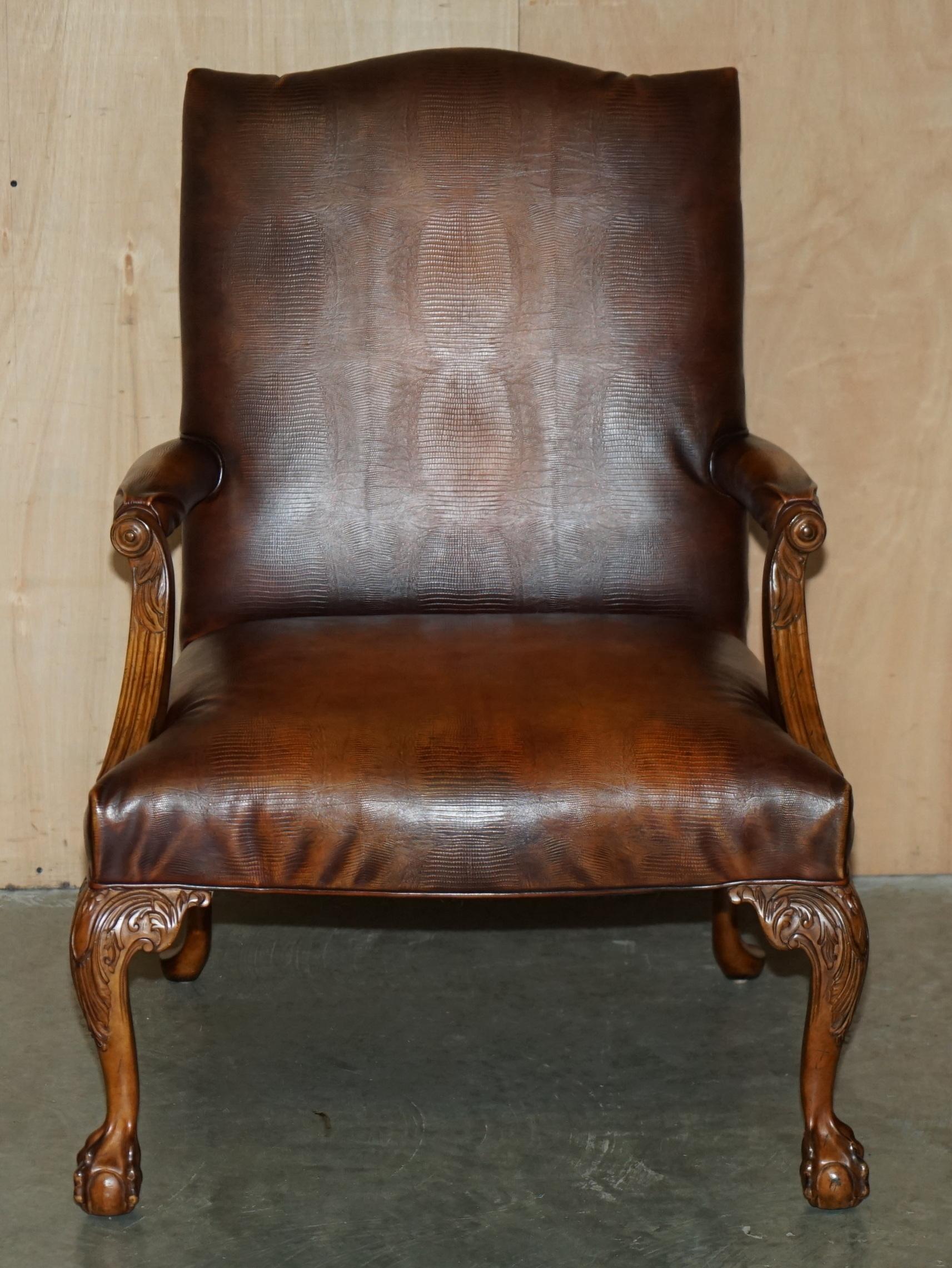 PAIR OF COUNCILL USA BROWN CROCODILE ALLIGATOR LEATHER CLAW & BALL ARMCHAIRs For Sale 12
