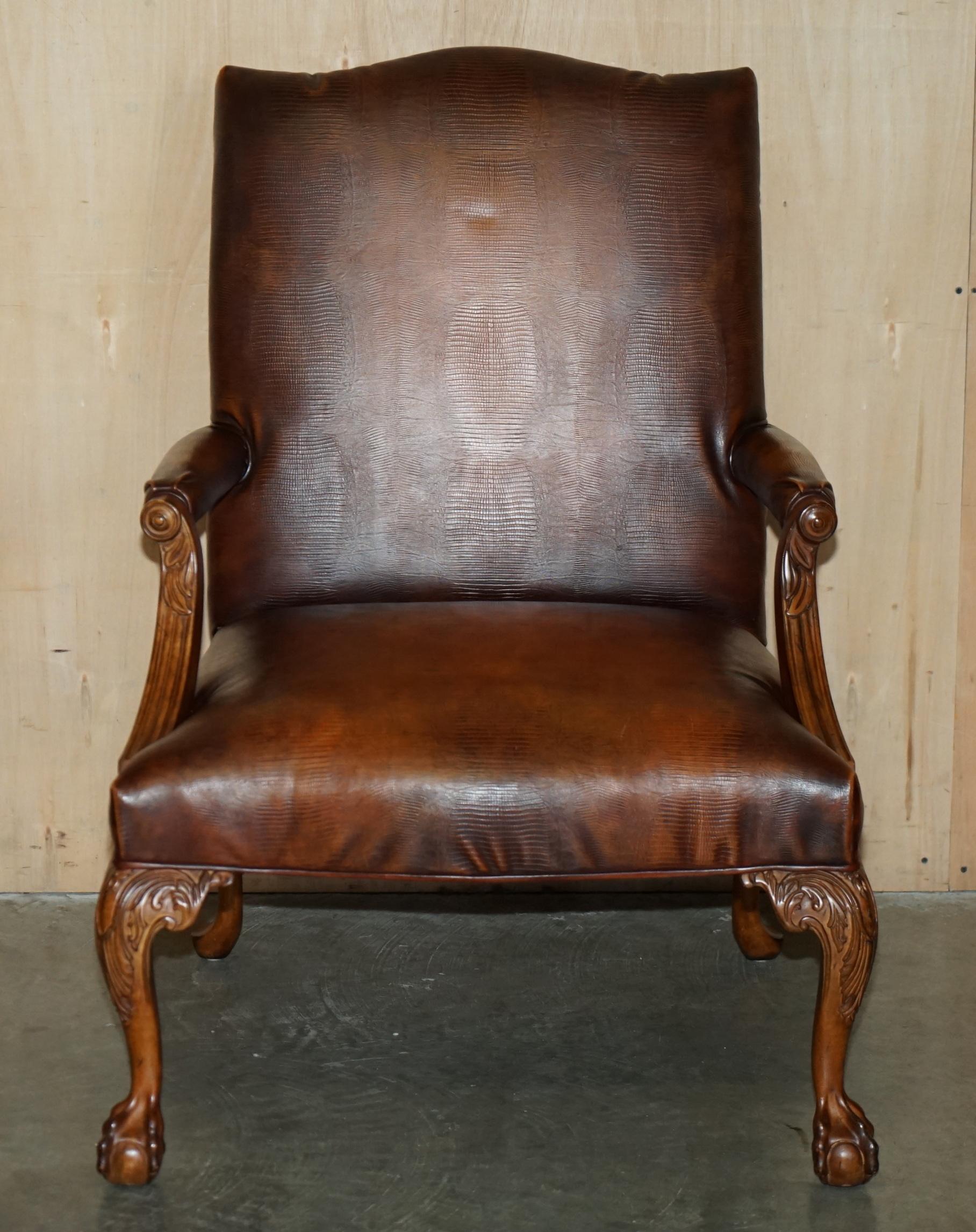 Regency PAIR OF COUNCILL USA BROWN CROCODILE ALLIGATOR LEATHER CLAW & BALL ARMCHAIRs For Sale