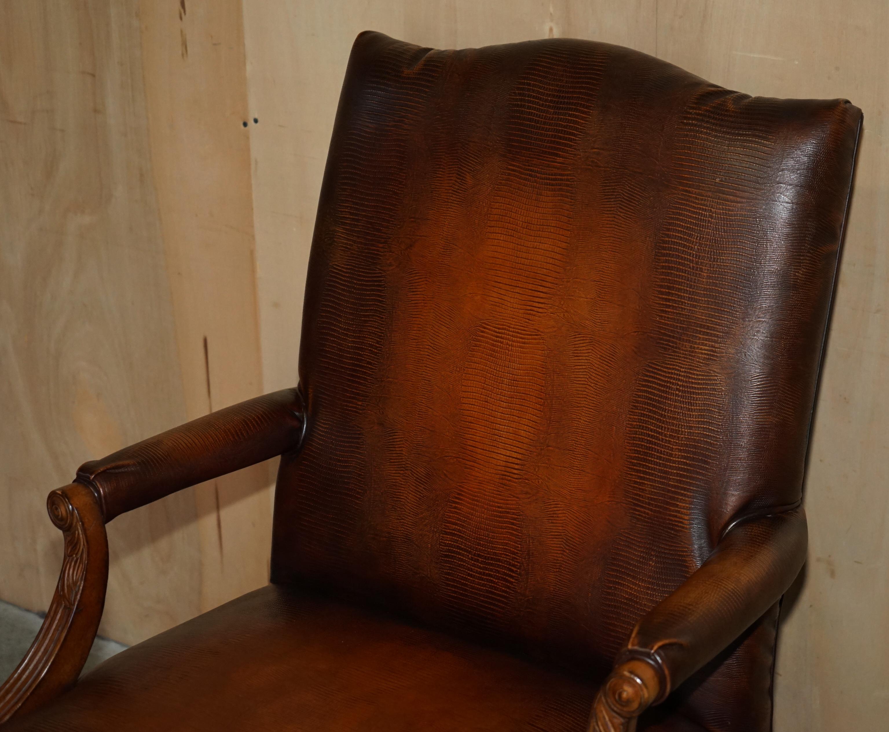 American PAIR OF COUNCILL USA BROWN CROCODILE ALLIGATOR LEATHER CLAW & BALL ARMCHAIRs For Sale