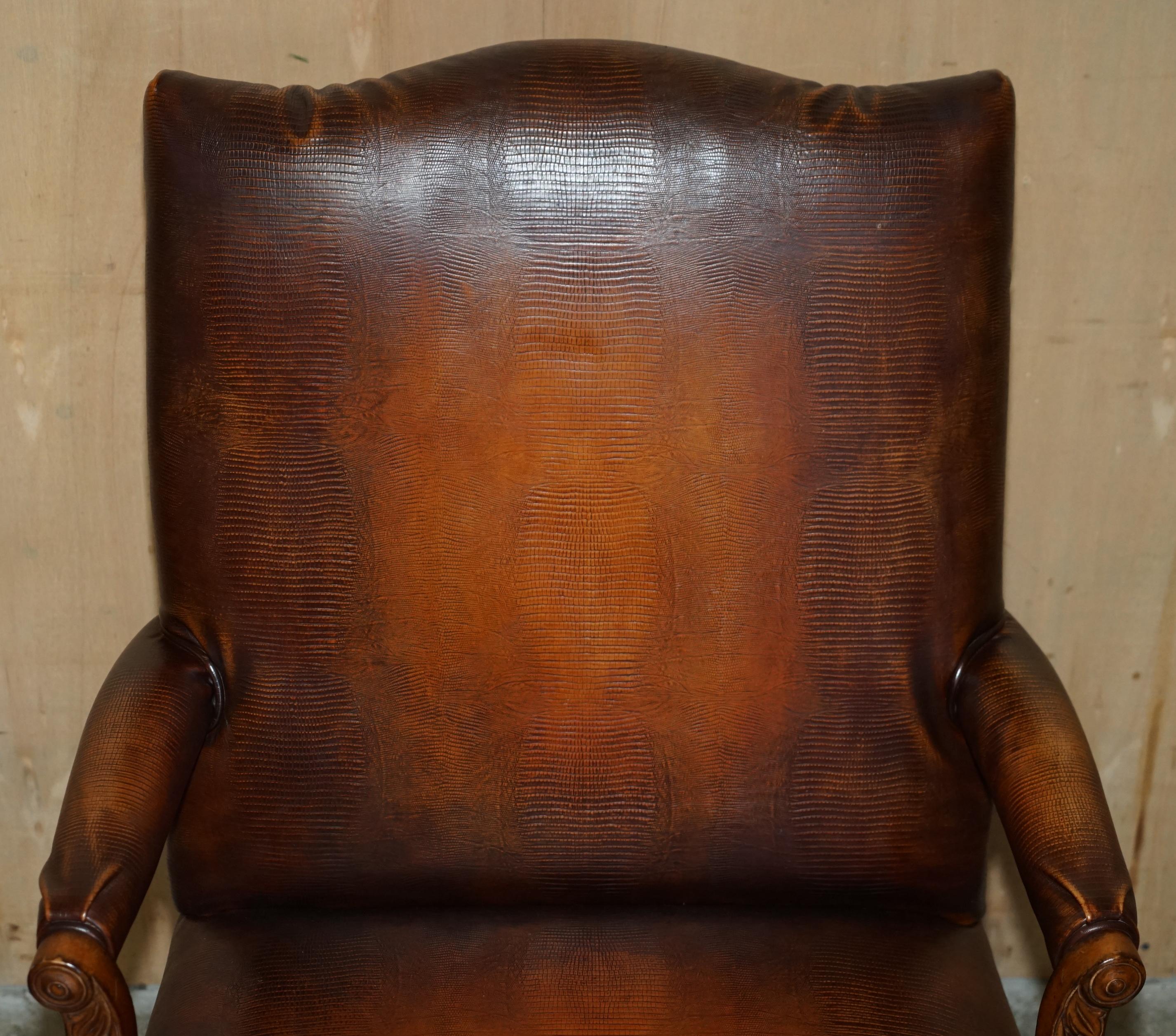 Hand-Crafted PAIR OF COUNCILL USA BROWN CROCODILE ALLIGATOR LEATHER CLAW & BALL ARMCHAIRs For Sale