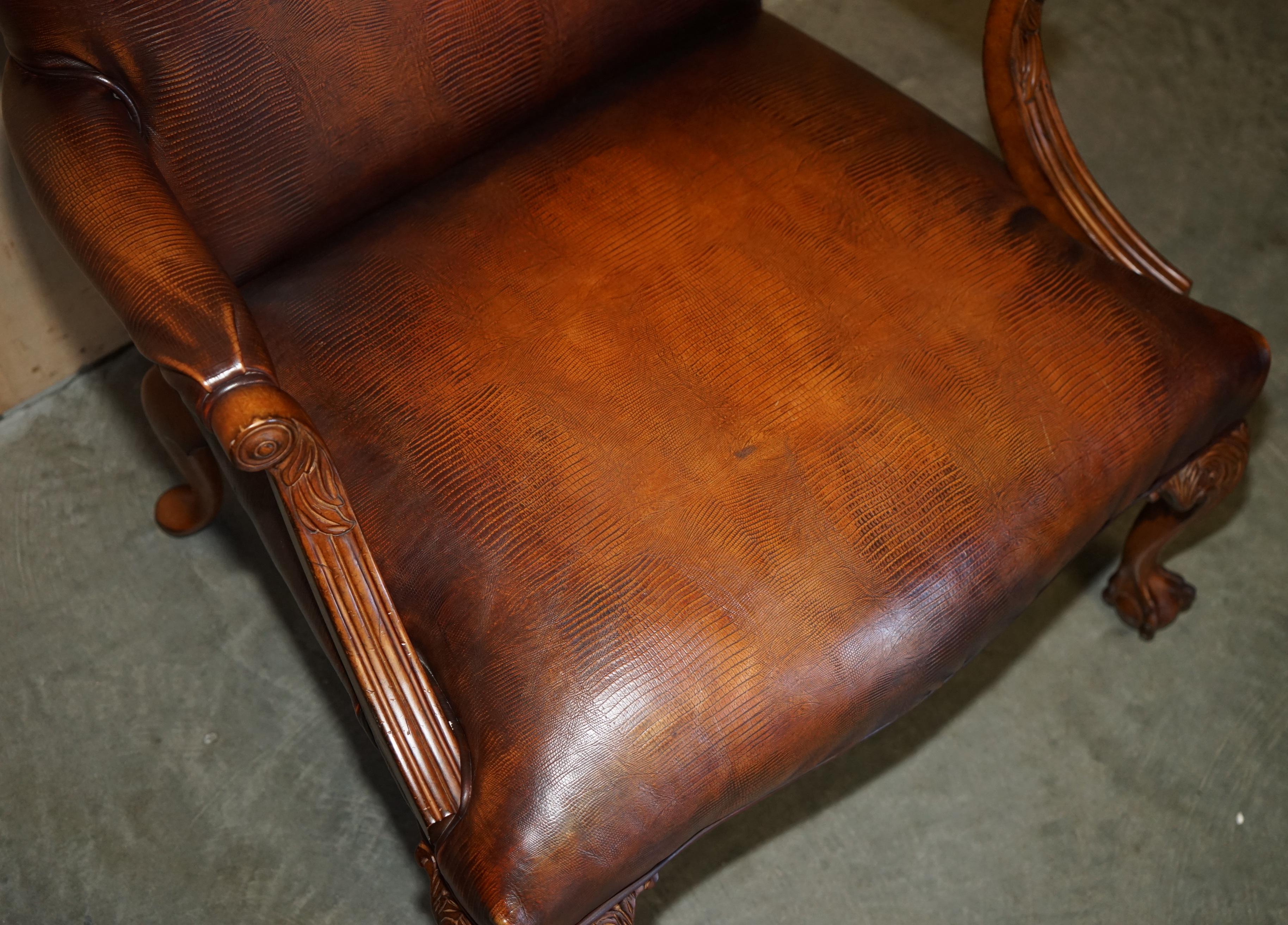 PAIR OF COUNCILL USA BROWN CROCODILE ALLIGATOR LEATHER CLAW & BALL ARMCHAIRs In Good Condition For Sale In West Sussex, Pulborough
