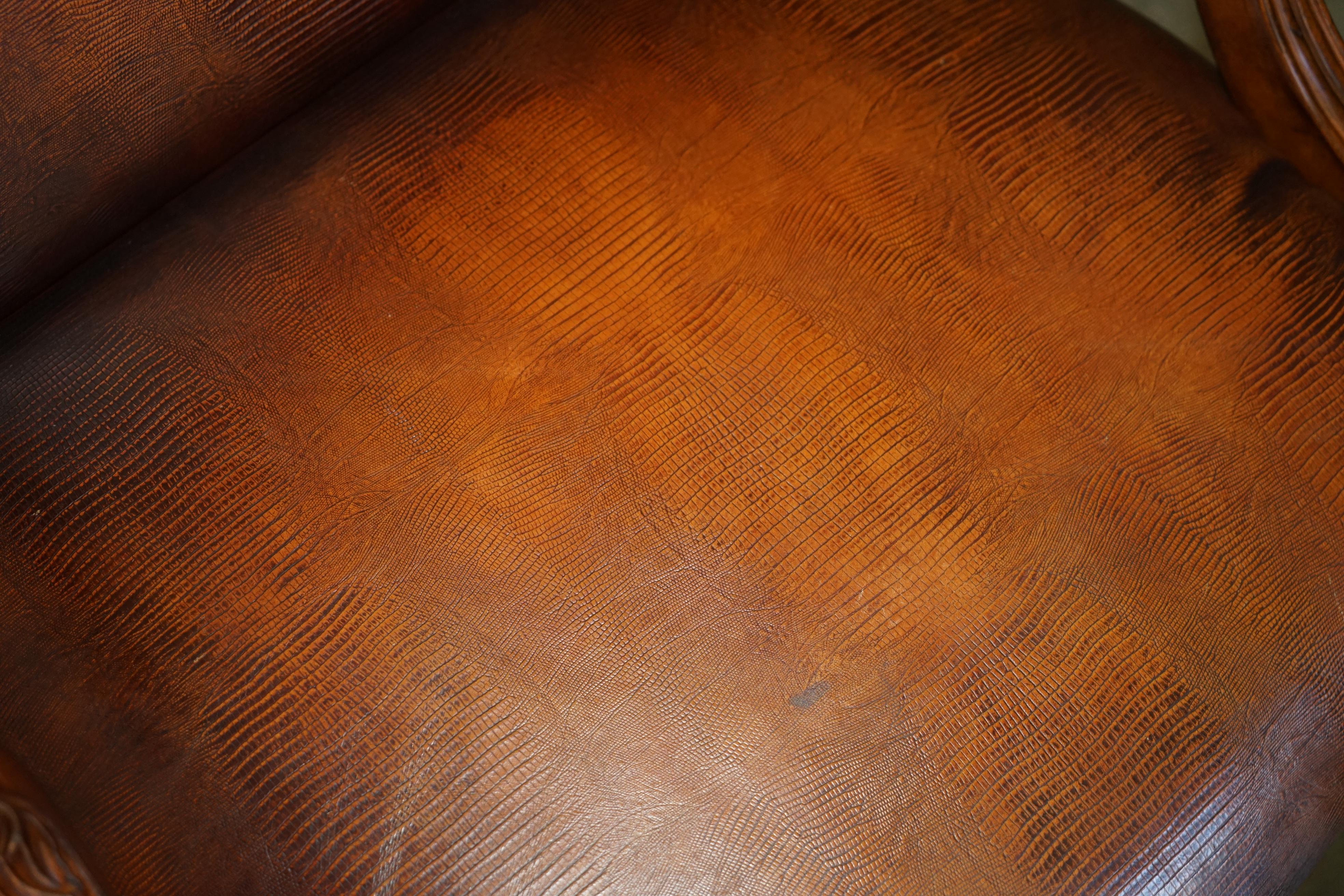 20th Century PAIR OF COUNCILL USA BROWN CROCODILE ALLIGATOR LEATHER CLAW & BALL ARMCHAIRs For Sale