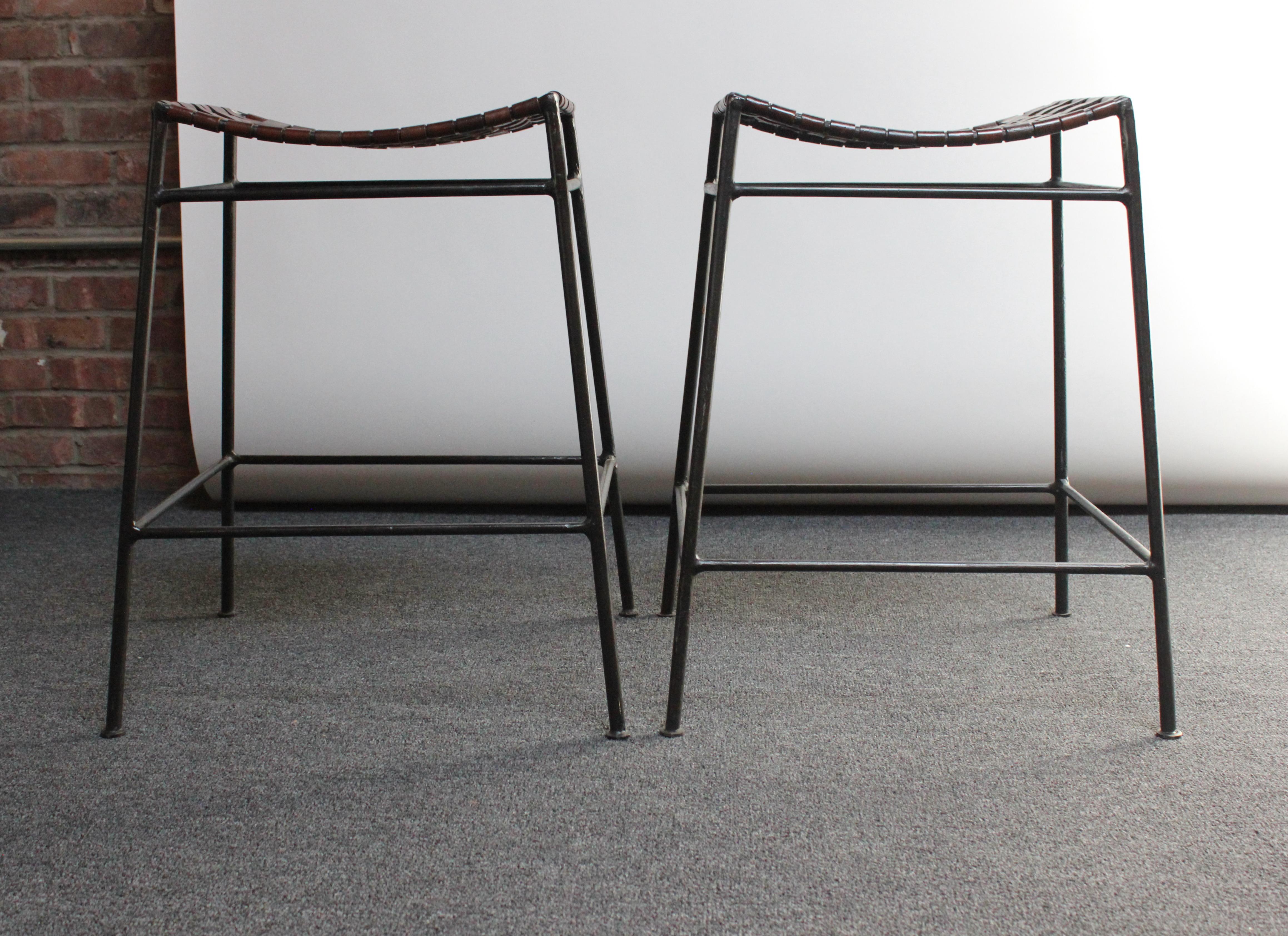 Mid-Century Modern Pair of Counter Stools in Leather and Iron After Lila Swift and Donald Monell