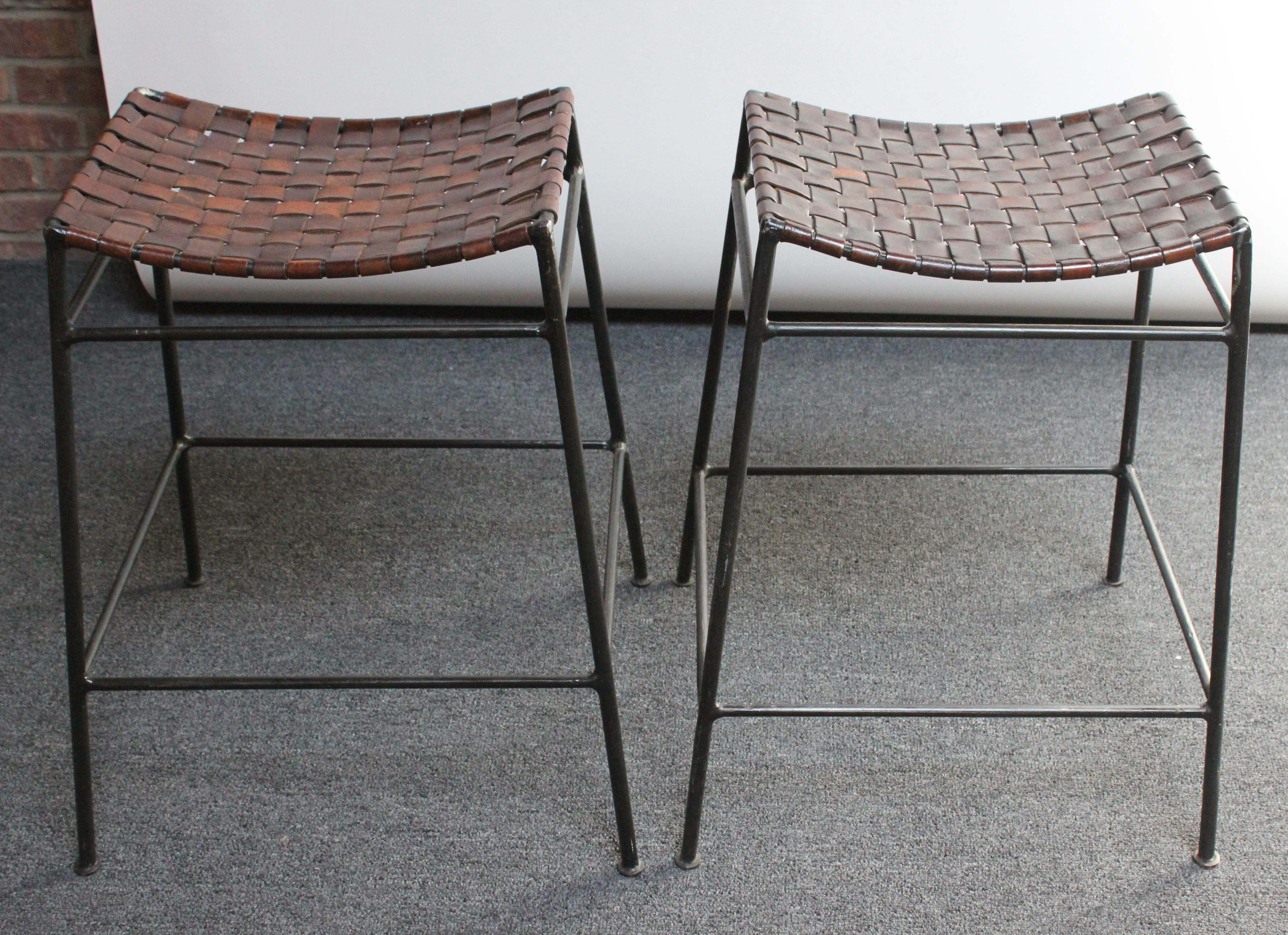 American Pair of Counter Stools in Leather and Iron After Lila Swift and Donald Monell