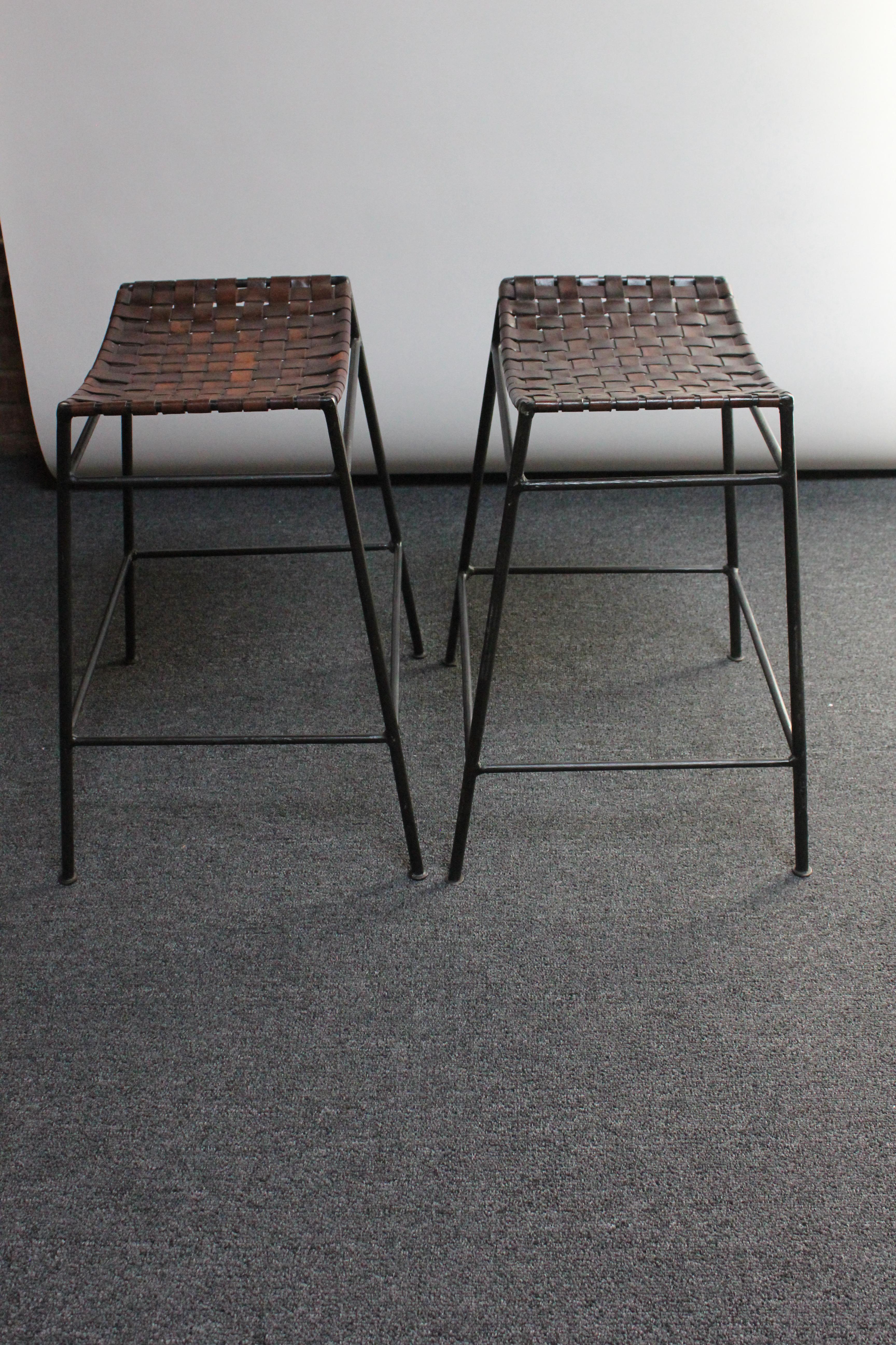 Woven Pair of Counter Stools in Leather and Iron After Lila Swift and Donald Monell