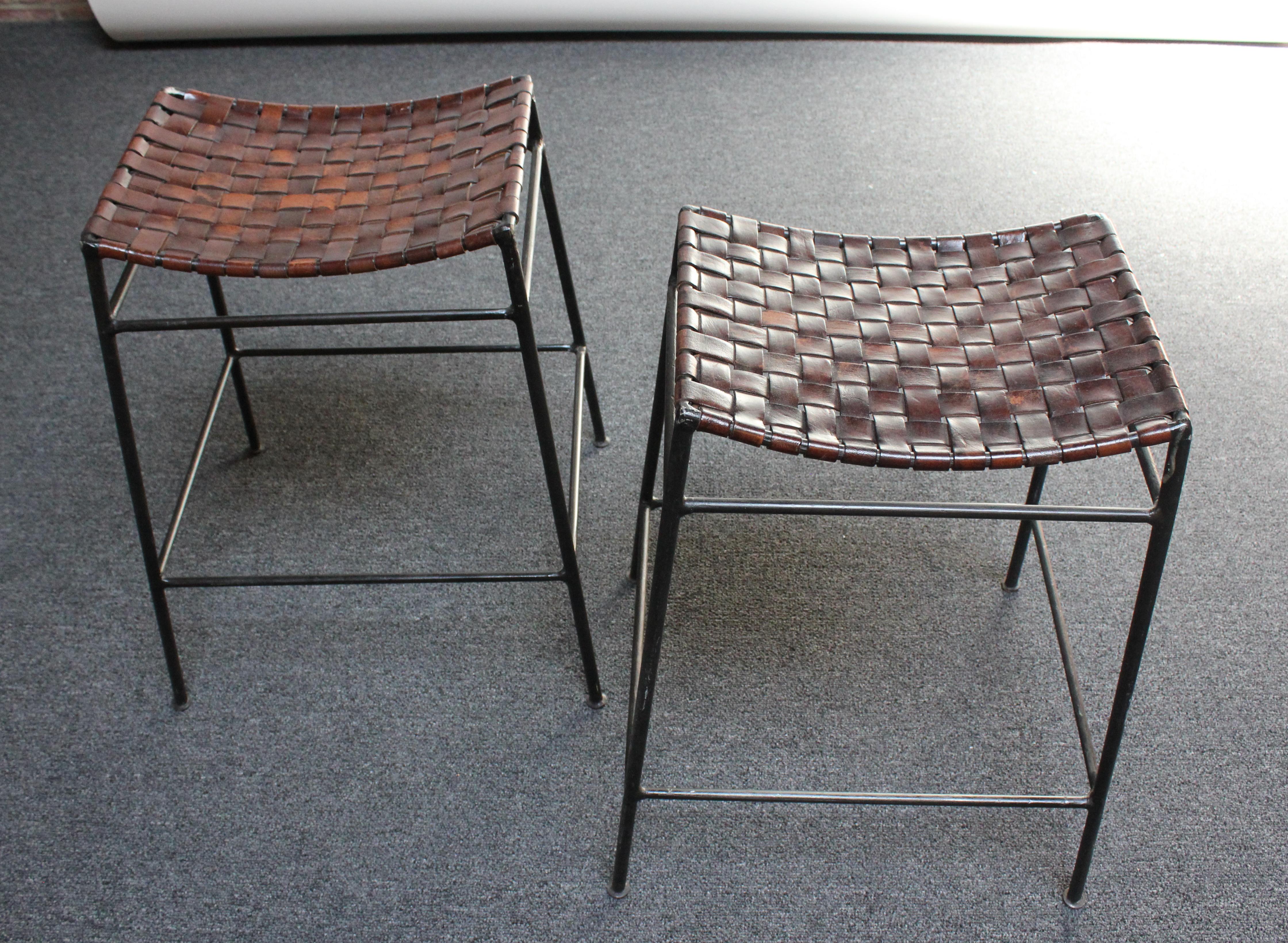 Pair of Counter Stools in Leather and Iron After Lila Swift and Donald Monell In Good Condition In Brooklyn, NY