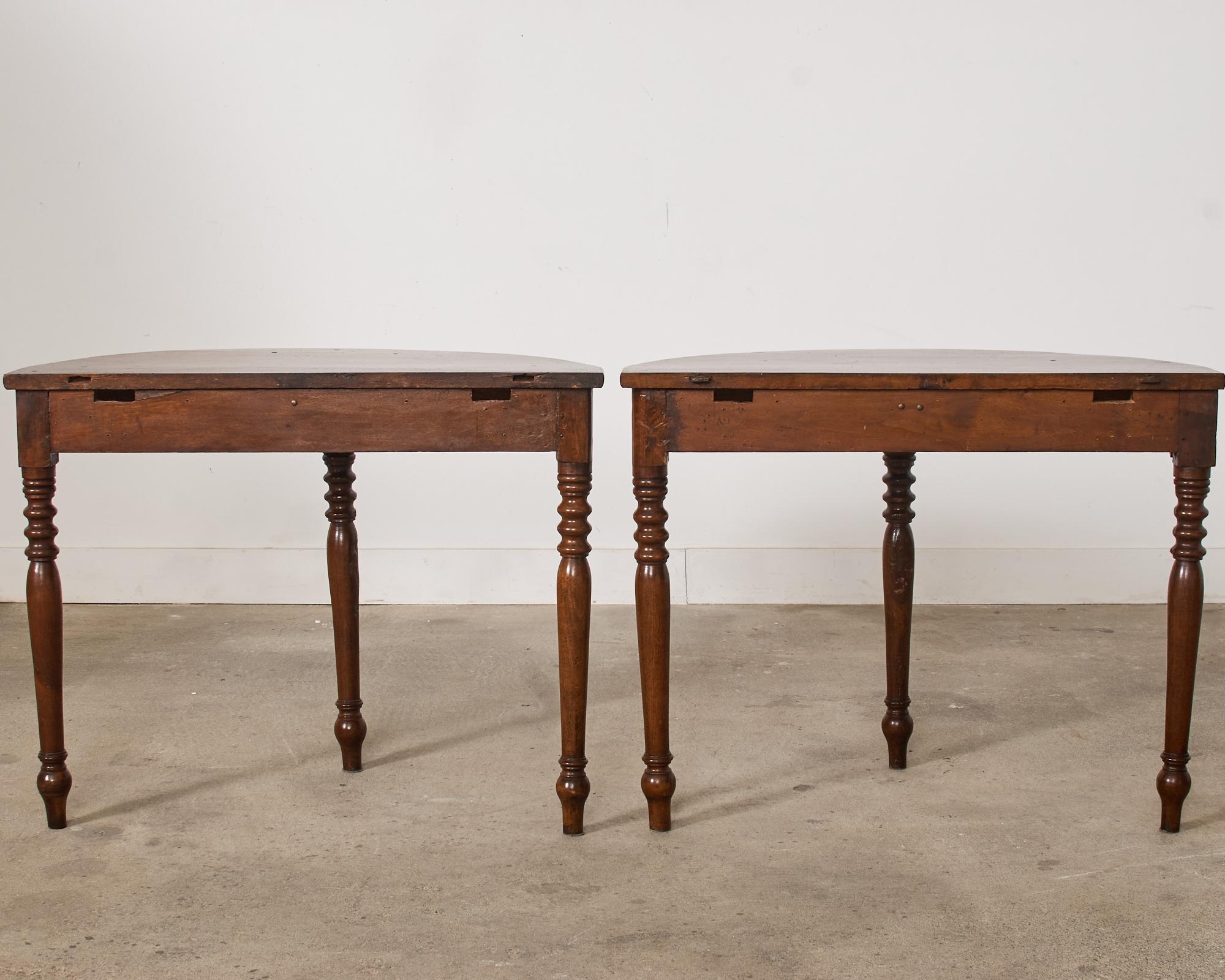Pair of Country English Provincial Walnut Demilune Consoles  For Sale 6