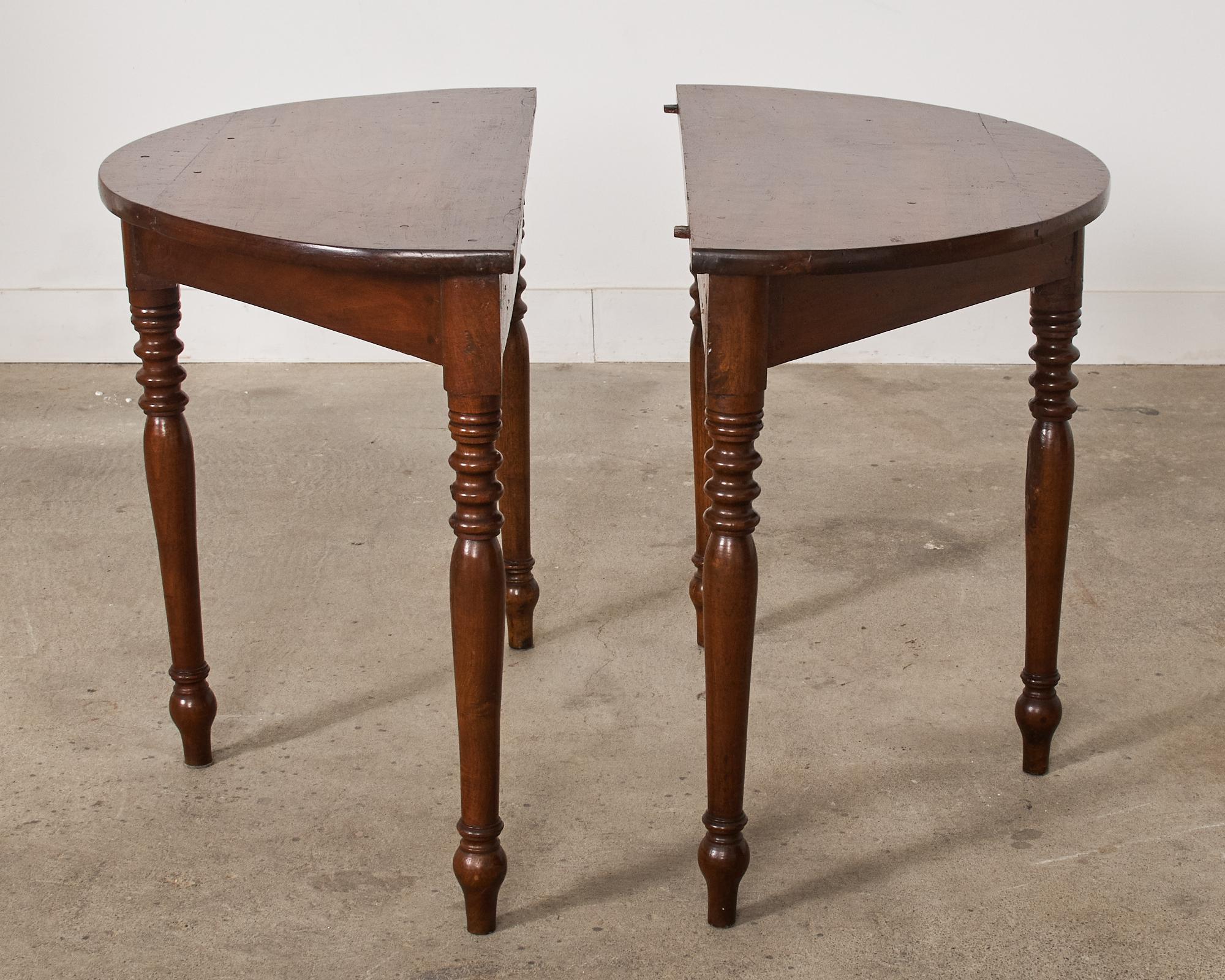 Pair of Country English Provincial Walnut Demilune Consoles  For Sale 7