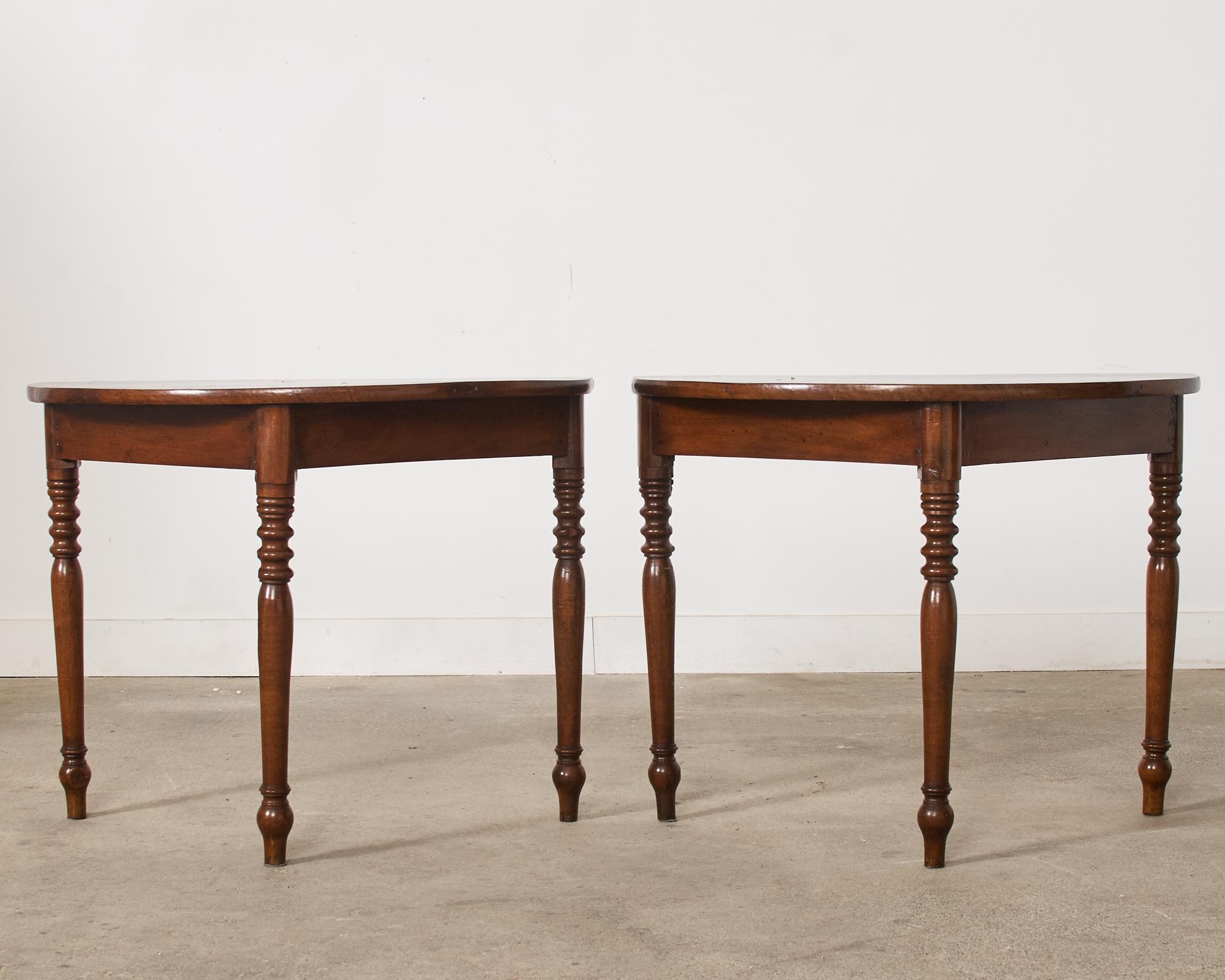 Hand-Crafted Pair of Country English Provincial Walnut Demilune Consoles  For Sale
