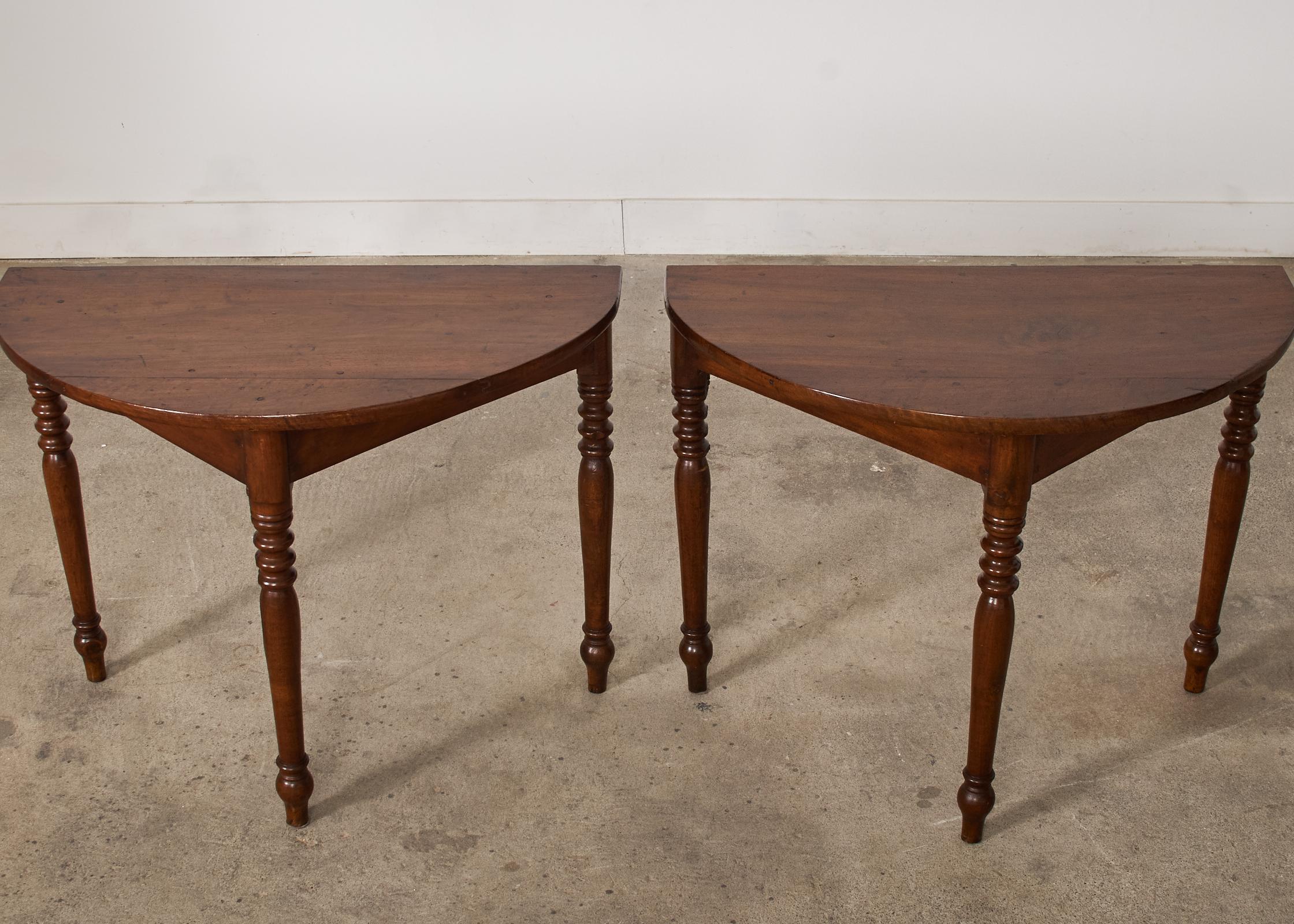 Pair of Country English Provincial Walnut Demilune Consoles  In Distressed Condition For Sale In Rio Vista, CA