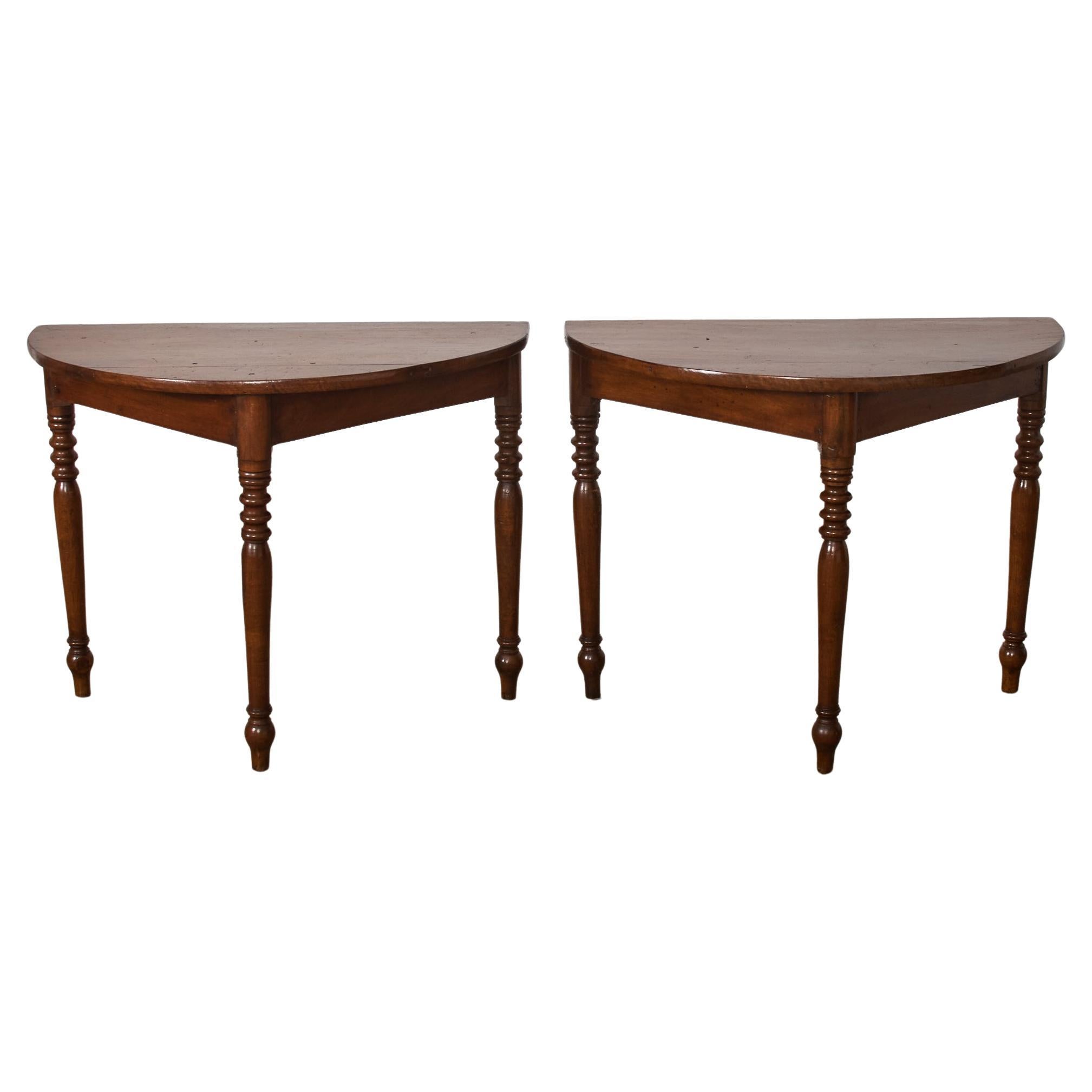 Pair of Country English Provincial Walnut Demilune Consoles 