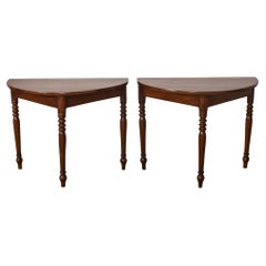 Pair of Country English Provincial Walnut Demilune Consoles 