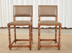 Pair of Country English Style Oak Leather Barstools