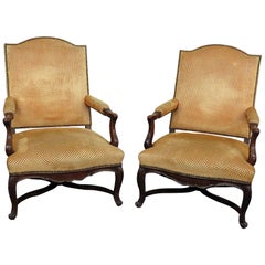 Pair of Carved Walnut French Louis XV Open Armchairs Bergere Chairs 