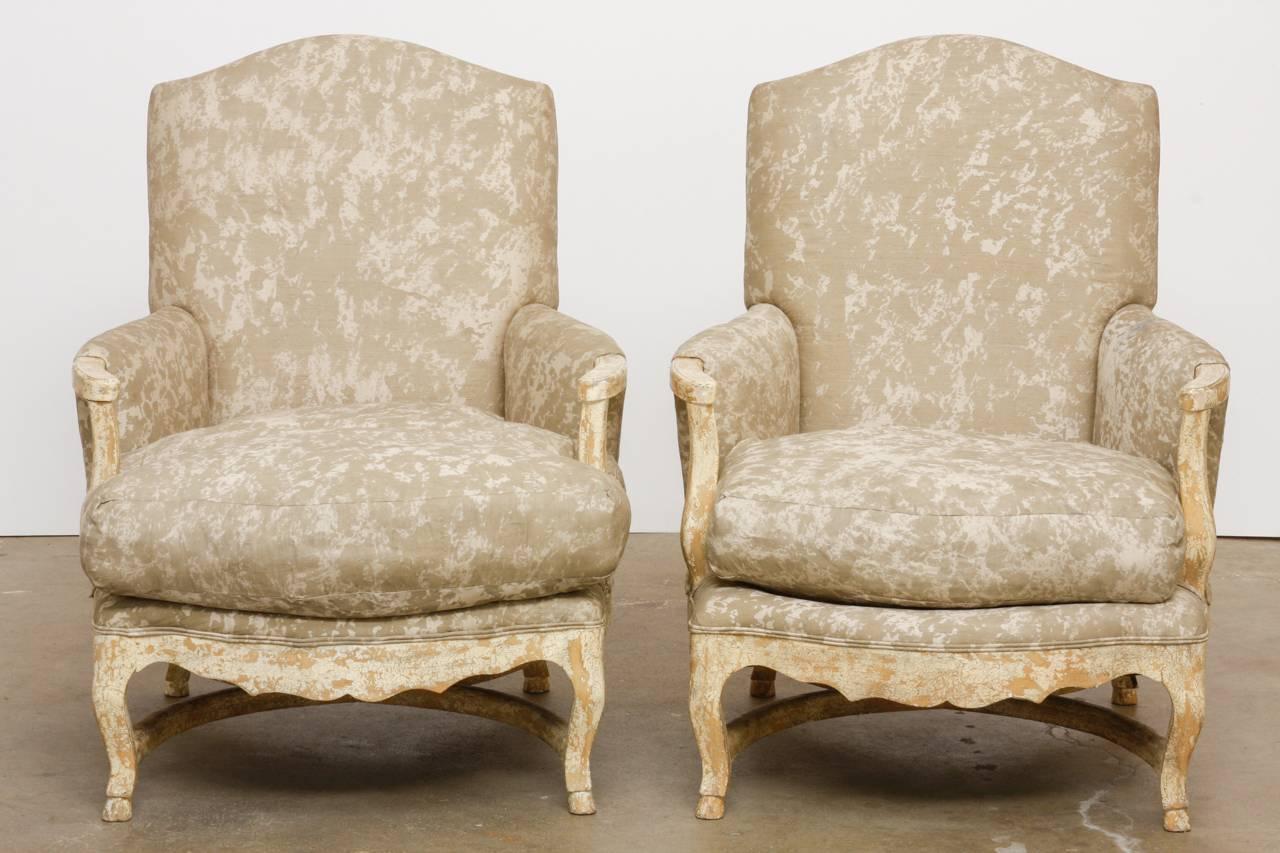 Pair of Country French Bergere Armchairs with Ottoman 1