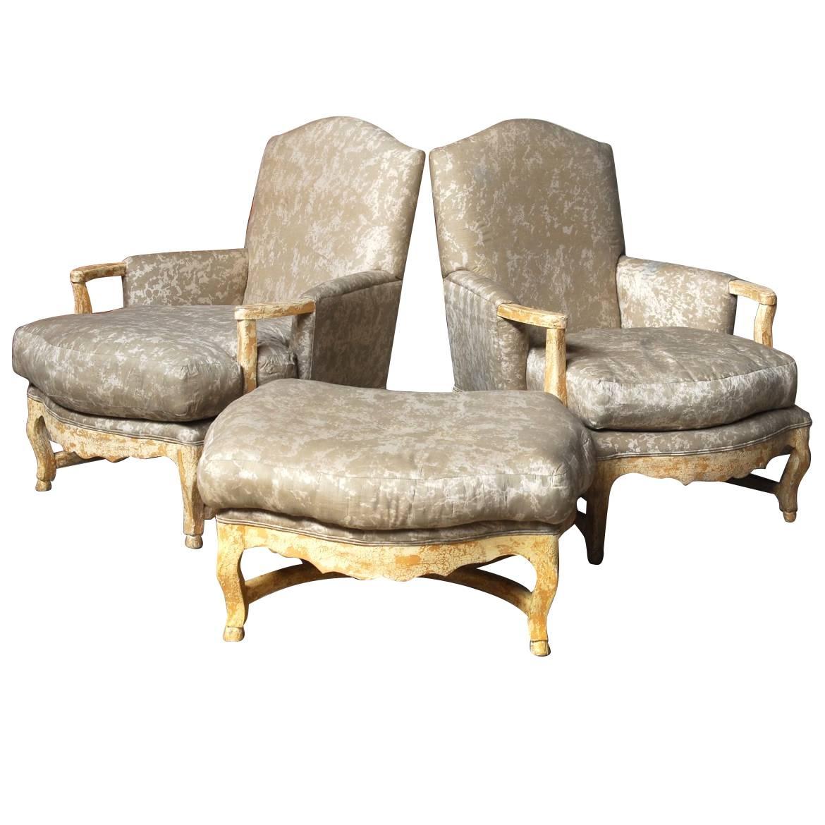 Pair of Country French Bergere Armchairs with Ottoman