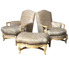Pair of Country French Bergere Armchairs with Ottoman
