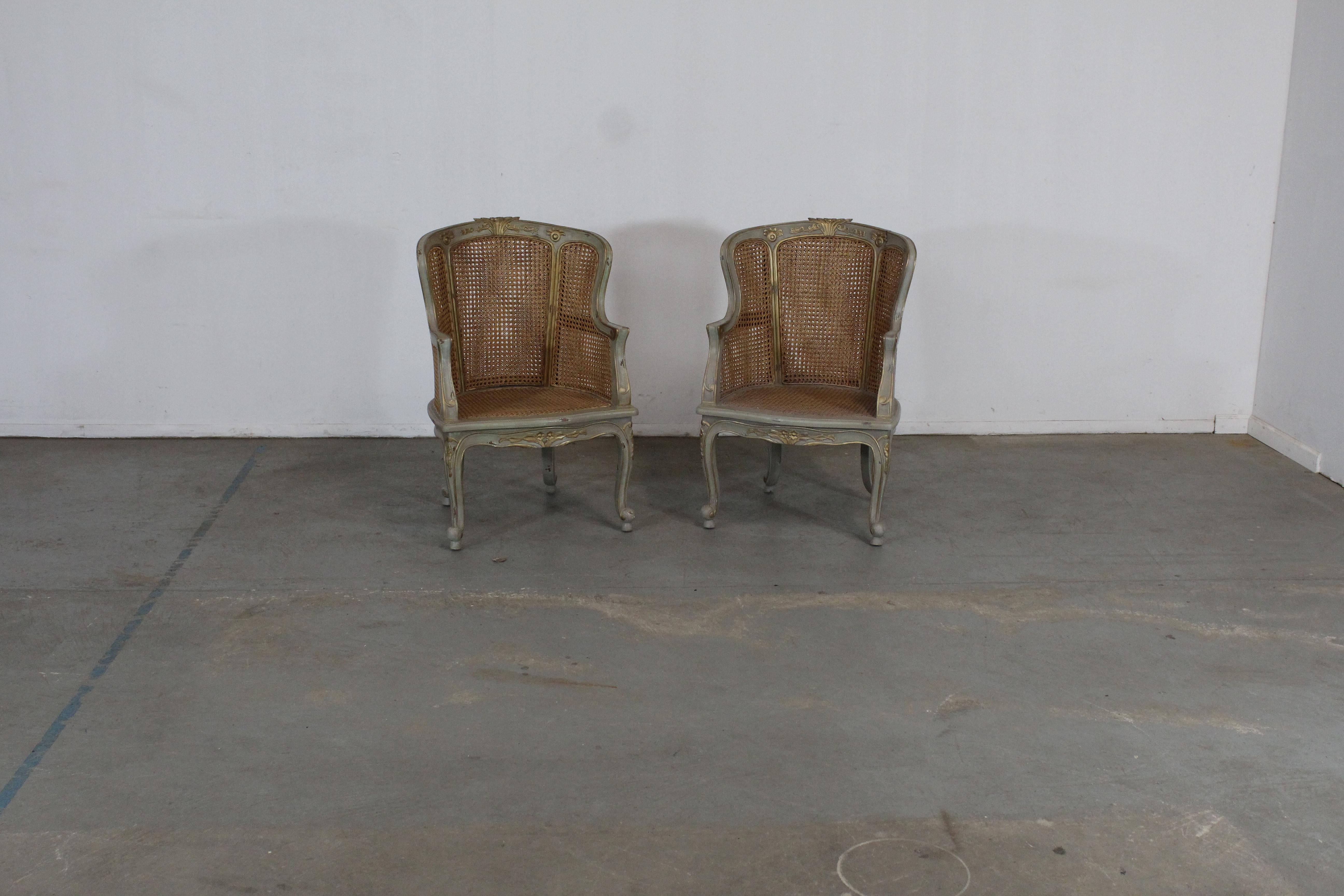 Pair of country French caned arm chairs

Offered is a Pair of Country French Caned Arm Chairs on carved legs. They are in good condition - caning is all good(no noticeable stains or tears 1 chair shows a seem separation- maybe intentional to look