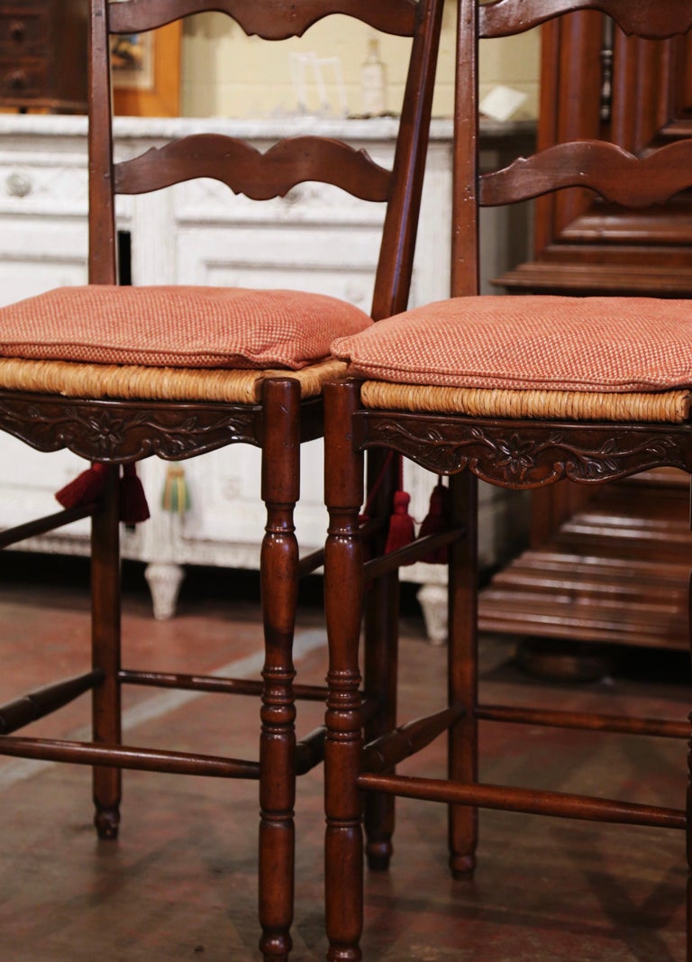 Pair of Country French Carved Ladder Back Bar Stools with Rush Seat For
