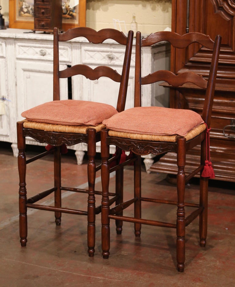 Pair of Country French Carved Ladder Back Bar Stools with Rush Seat For