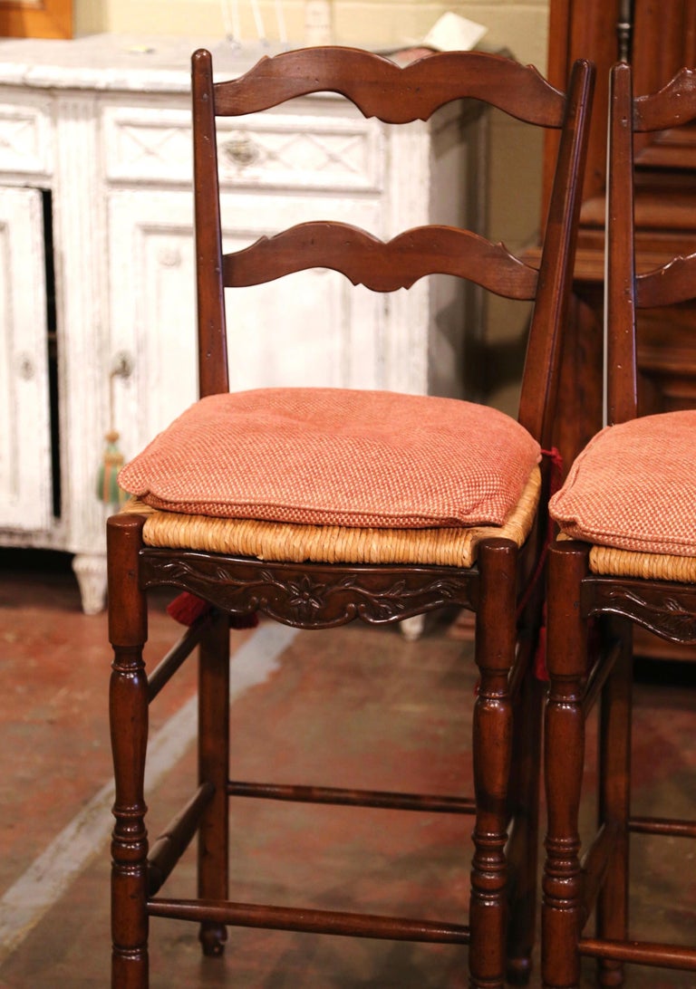 Pair of Country French Carved Ladder Back Bar Stools with Rush Seat For