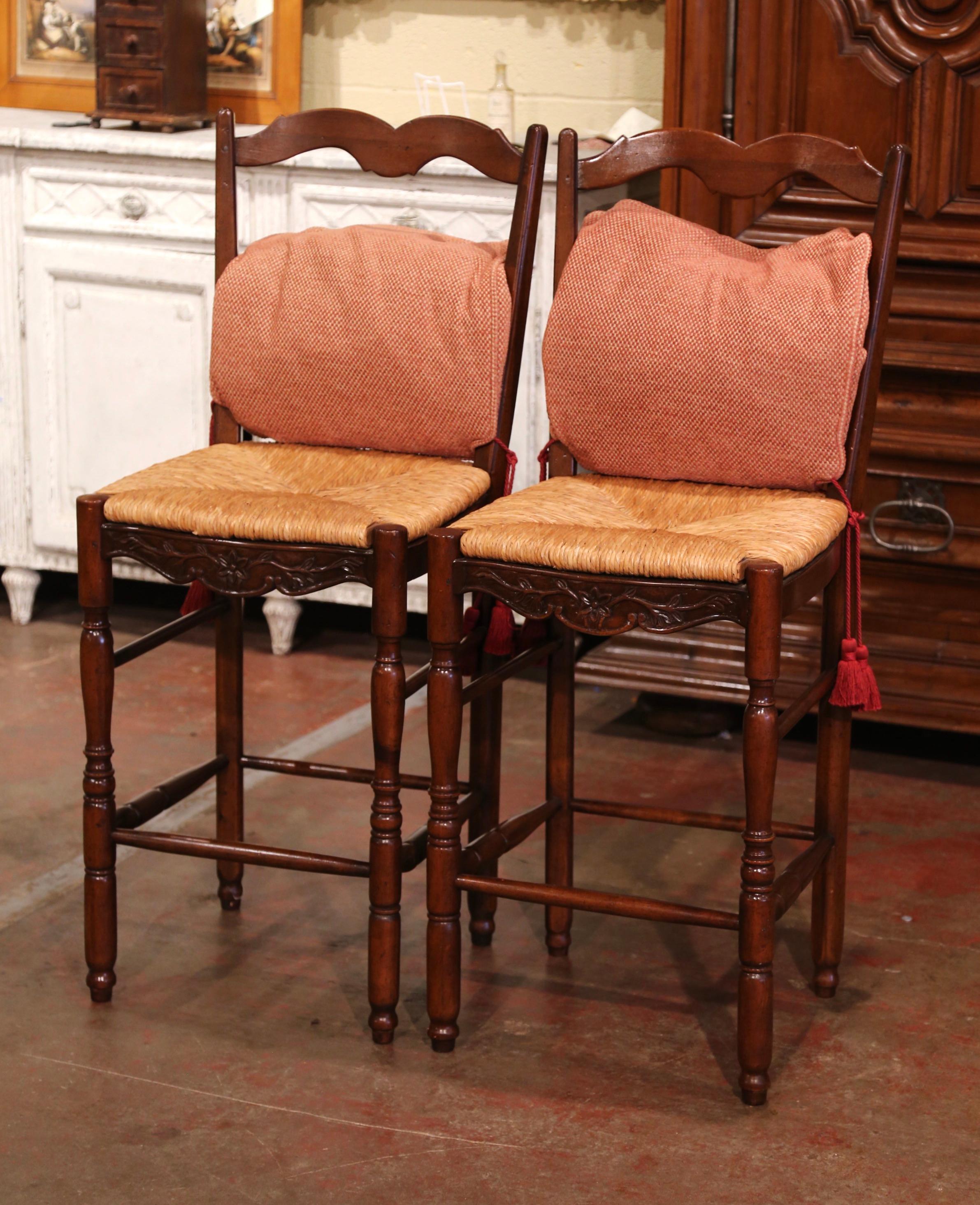 Louis XV Pair of Country French Carved Ladder Back Bar Stools with Rush Seat