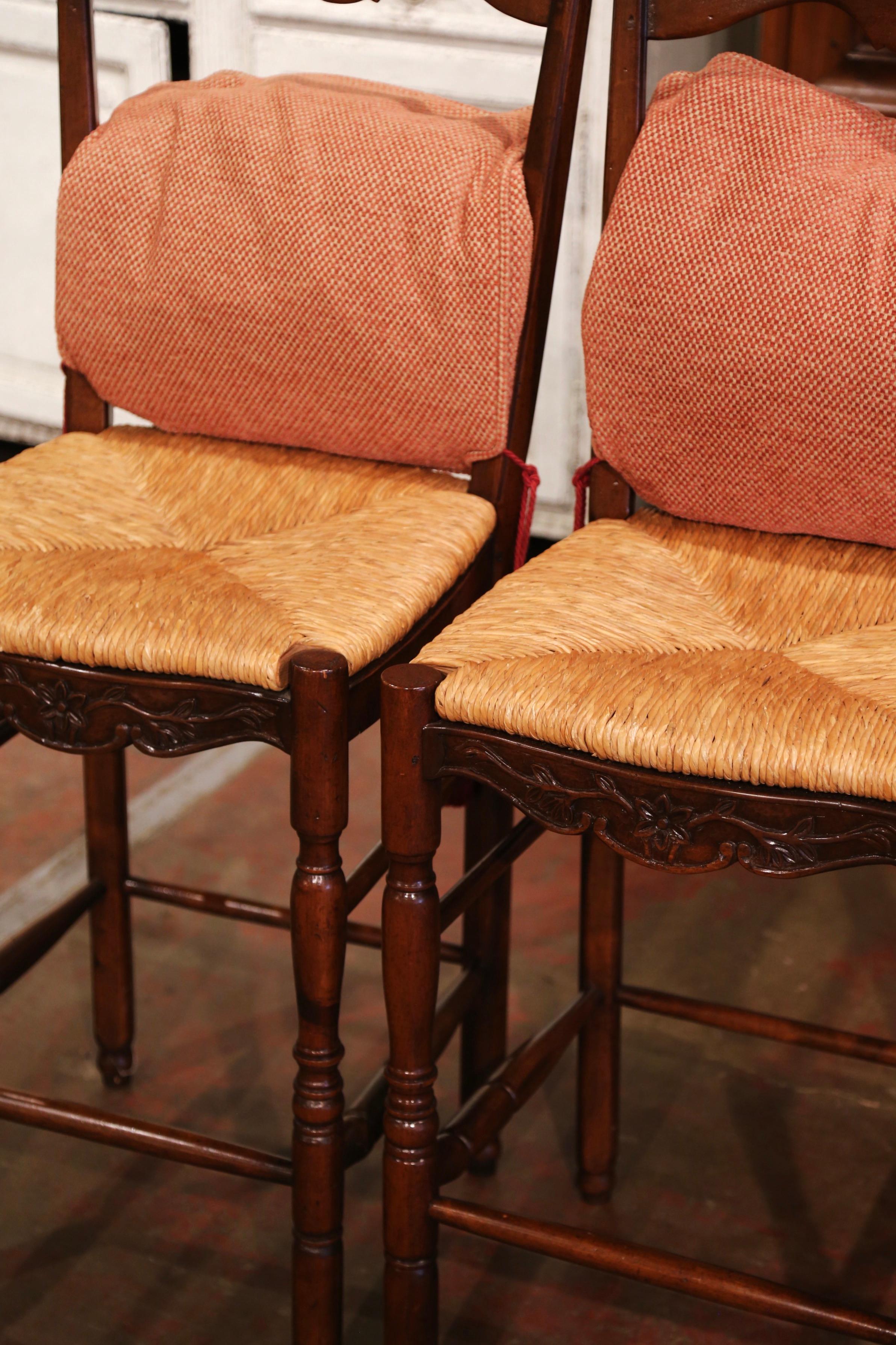 Hand-Carved Pair of Country French Carved Ladder Back Bar Stools with Rush Seat