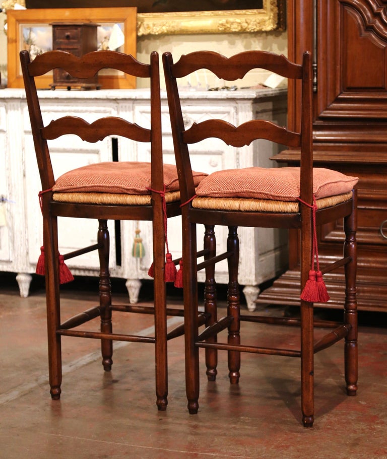Pair of Country French Carved Ladder Back Bar Stools with Rush Seat For