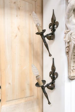 Pair of Country French Hand Forged Iron Fleur-de-Lis Sconces