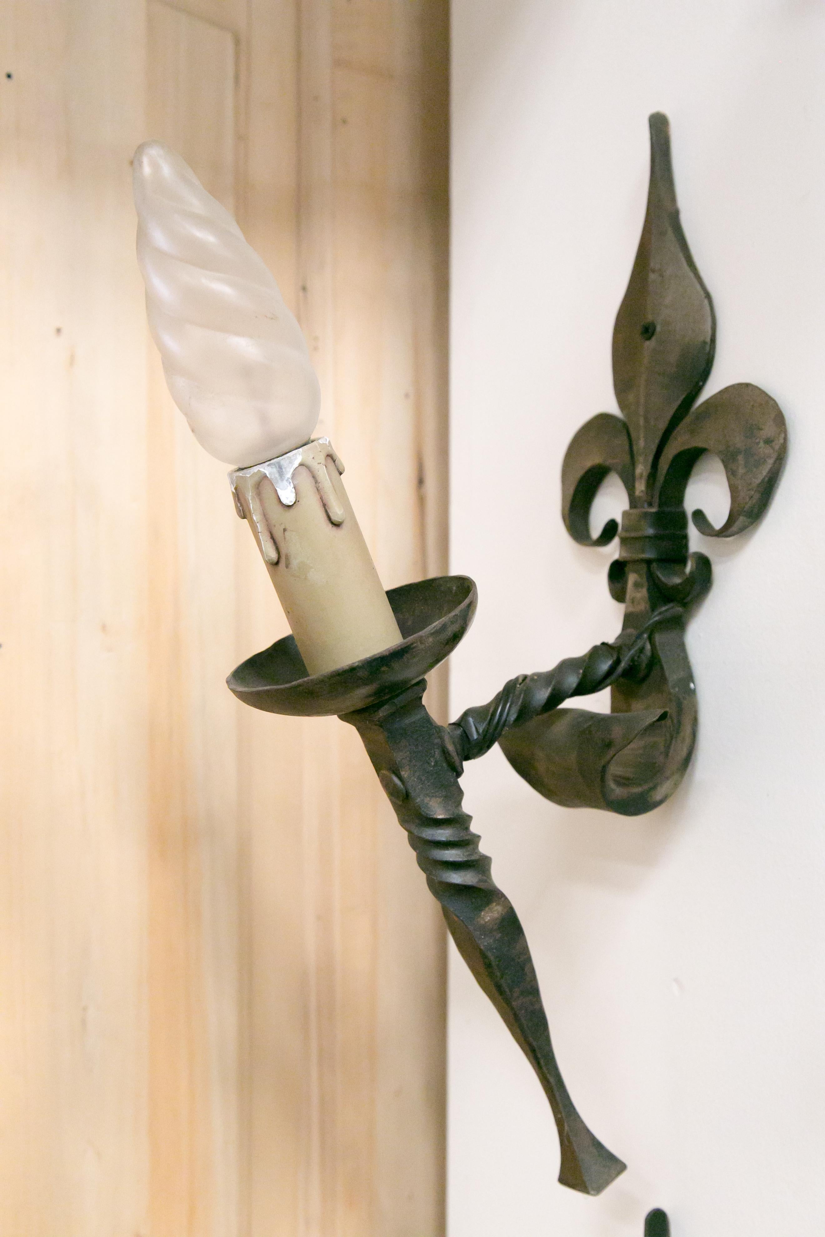 20th Century Pair of Country French Hand Forged Iron Fleur-de-Lis Sconces