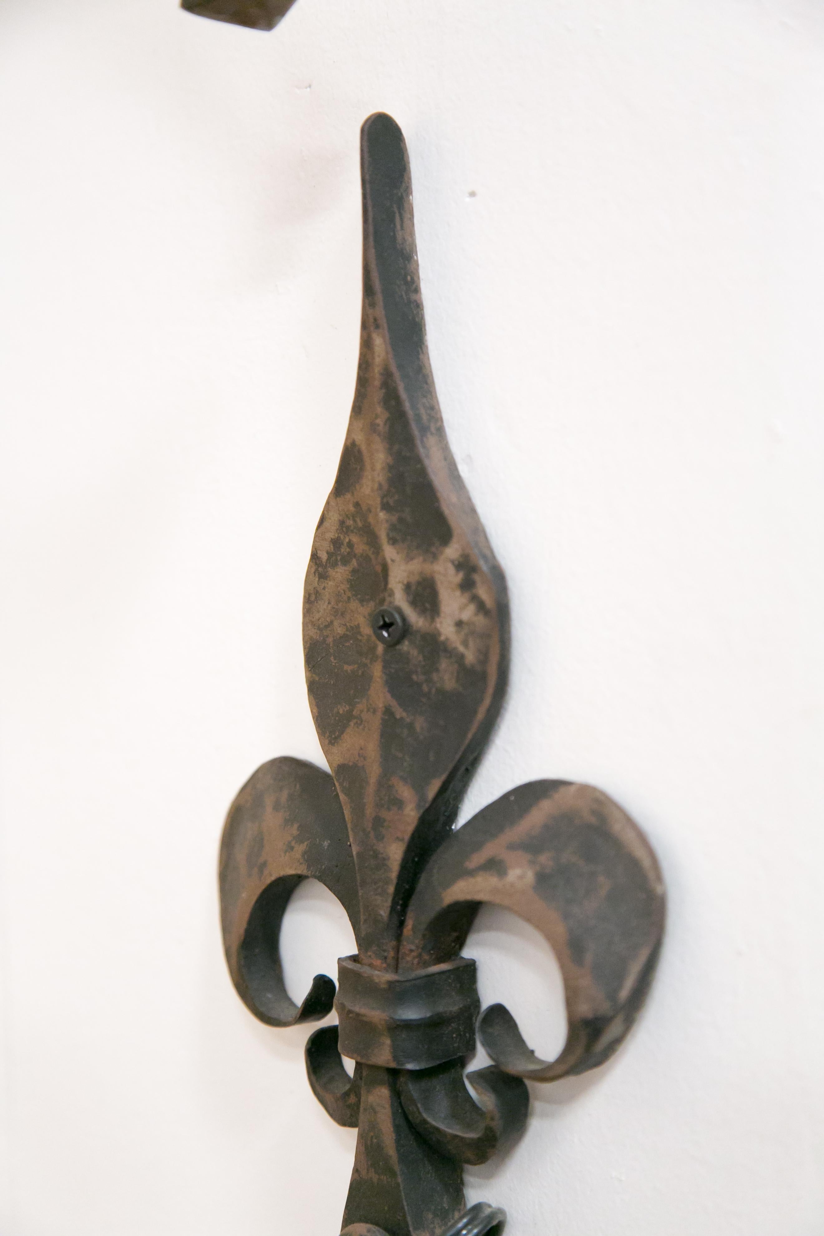 Pair of Country French Hand Forged Iron Fleur-de-Lis Sconces 1