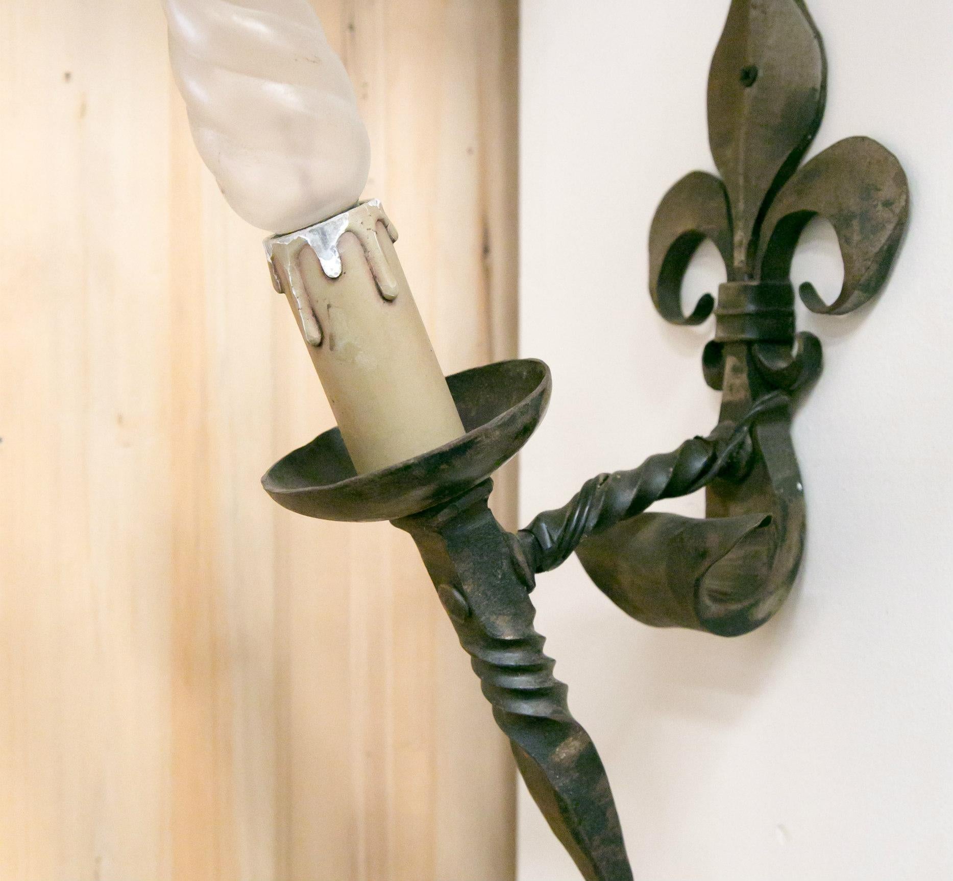 Pair of Country French Hand Forged Iron Fleur-de-Lis Sconces 3
