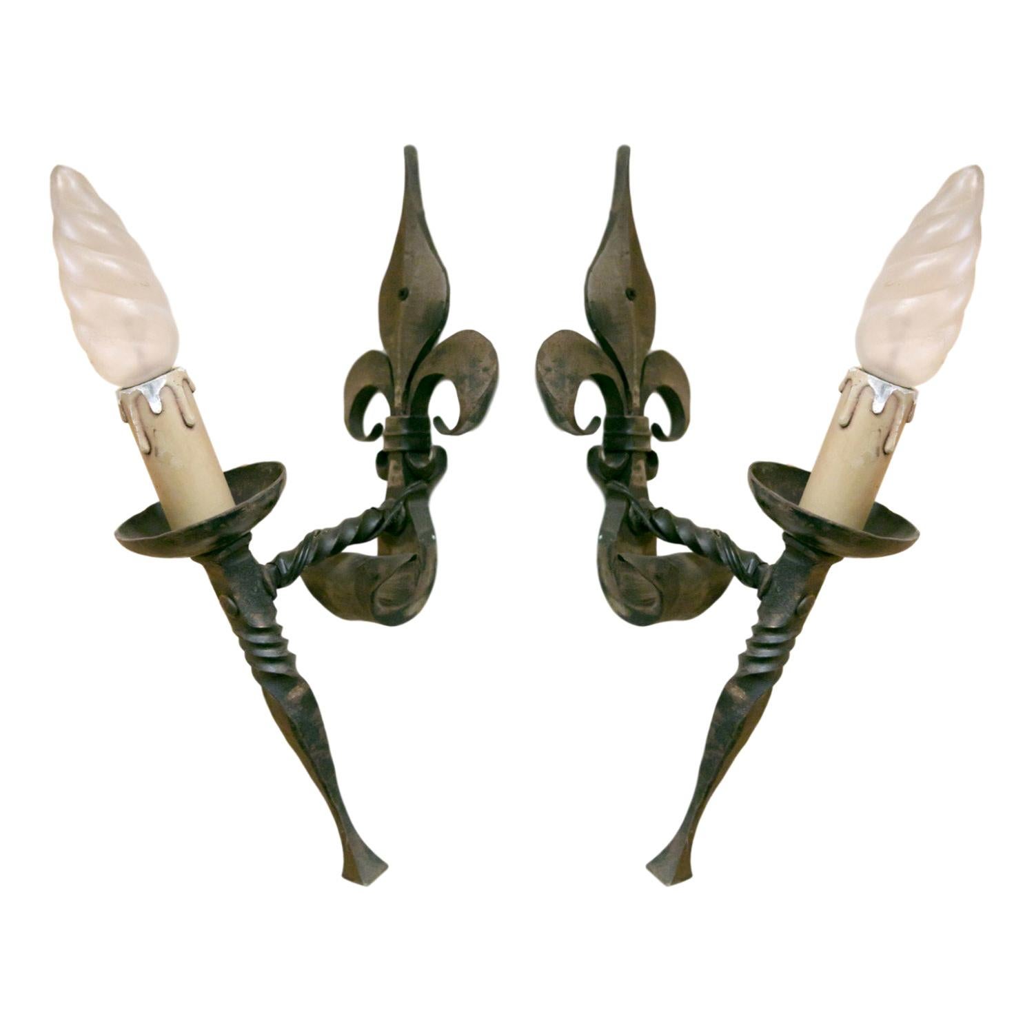 Pair of Country French Hand Forged Iron Fleur-de-Lis Sconces