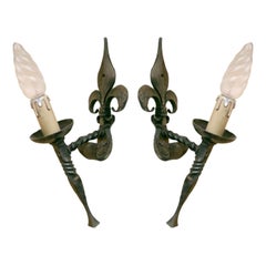 Antique Pair of Country French Hand Forged Iron Fleur-de-Lis Sconces