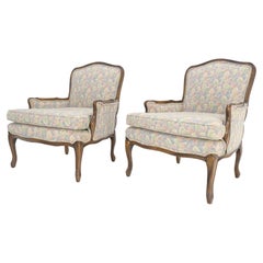 Coppia di poltrone country francesi in legno chiaro, poltrone lounge club floreali MINT!