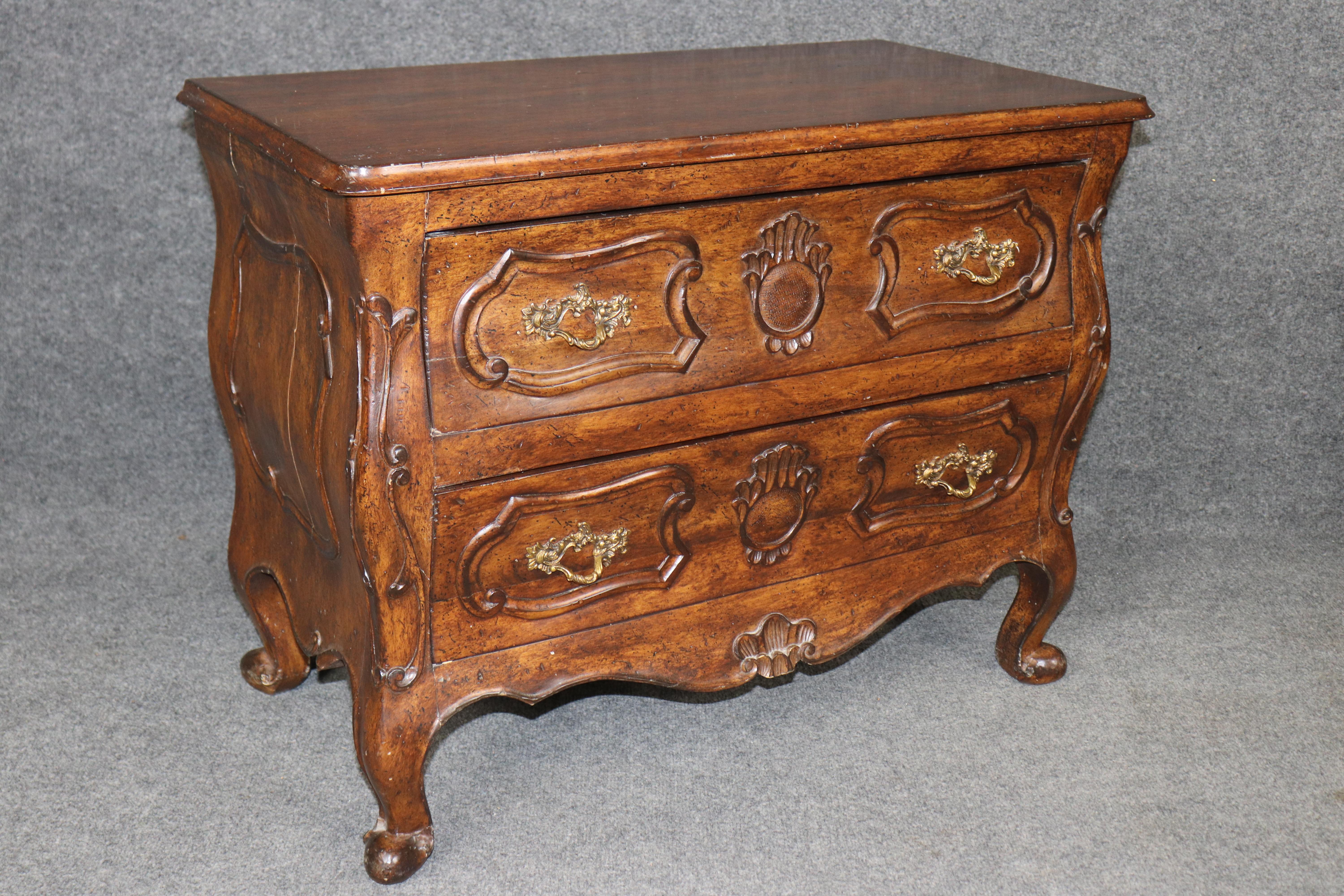 Brass Pair of Louis XV Style Carved Two Drawer Night Stands For Sale