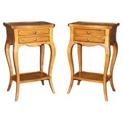 Vintage Pair of Country French Louis XV Walnut Two Drawer End Tables Nightstands 