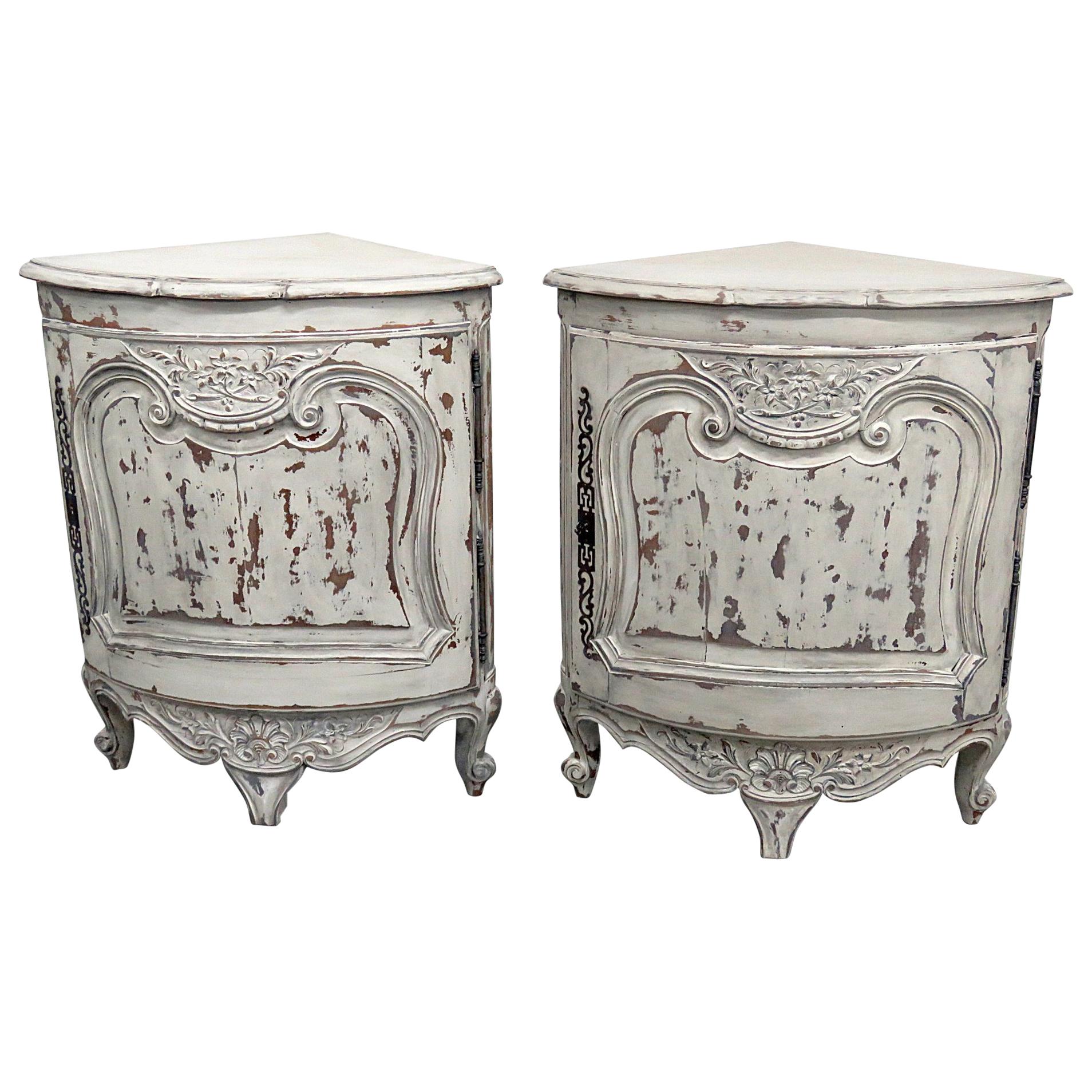 Pair of Country French Paint Decorated Corner Cabinets