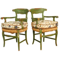 Pair of Country French Painted Armchairs with Rush Seats