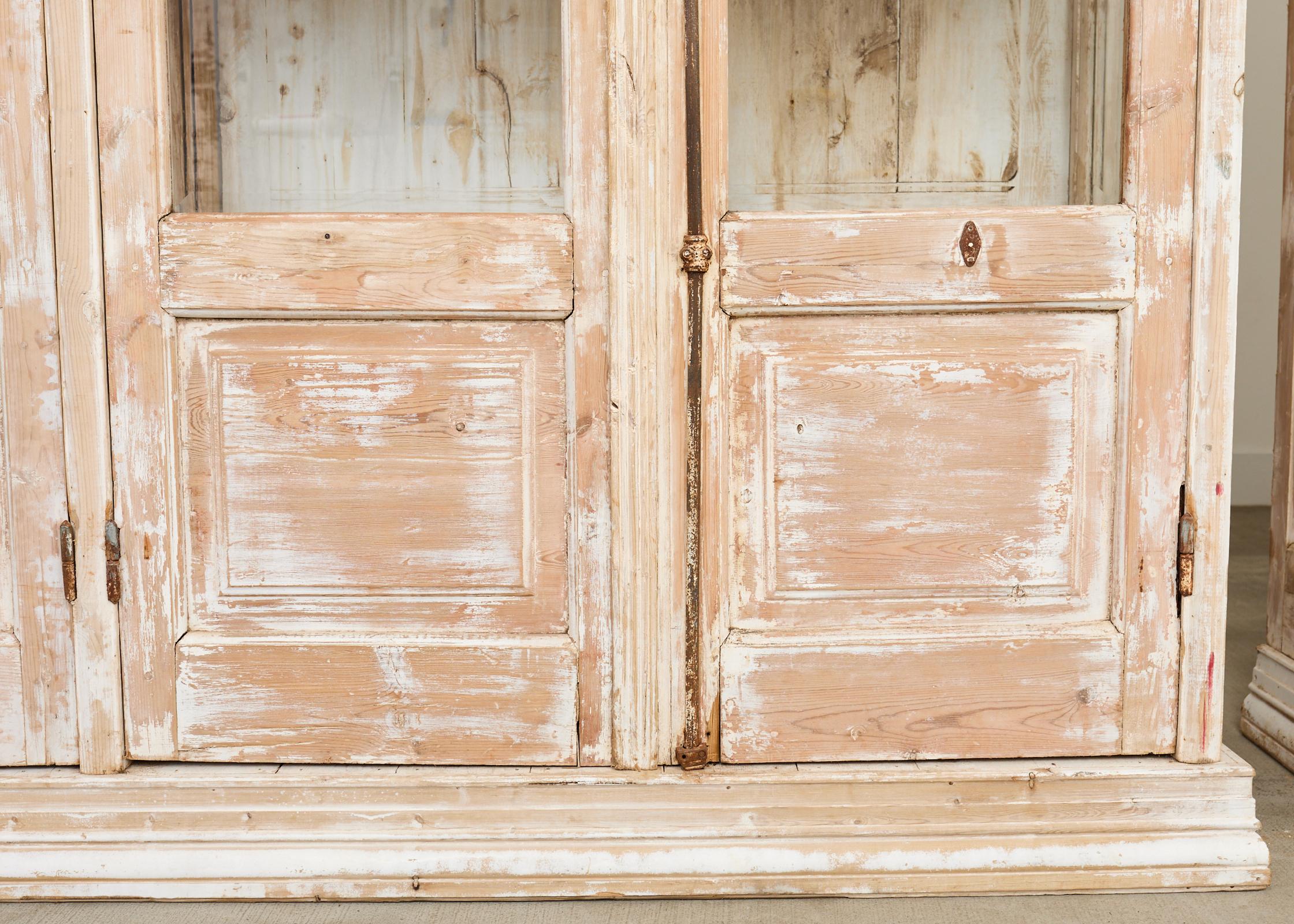 Pair of Country French Pine Library Bookcases Beveled Glass Doors For Sale 8