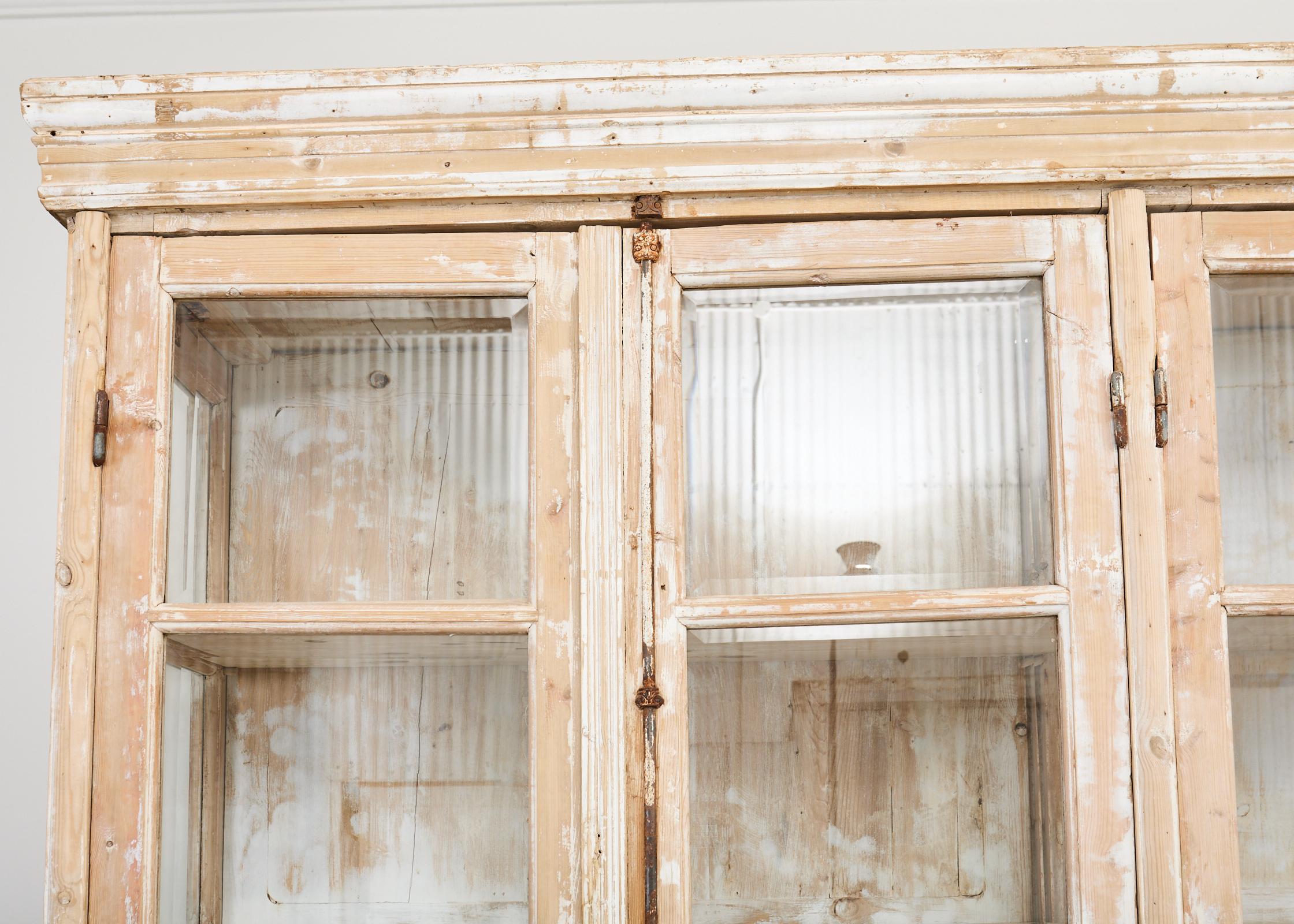 Pair of Country French Pine Library Bookcases Beveled Glass Doors For Sale 9