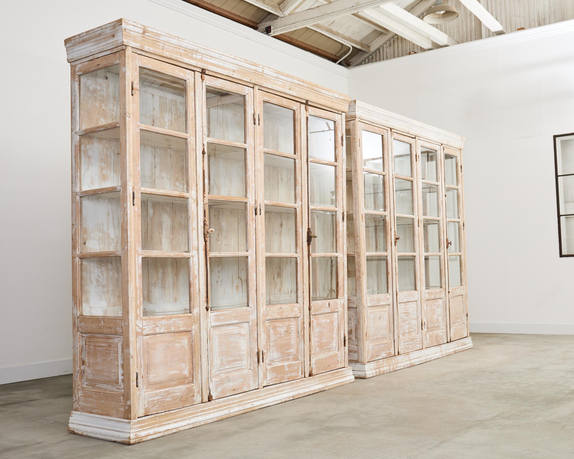 Pair of Country French Pine Library Bookcases Beveled Glass Doors In Distressed Condition For Sale In Rio Vista, CA