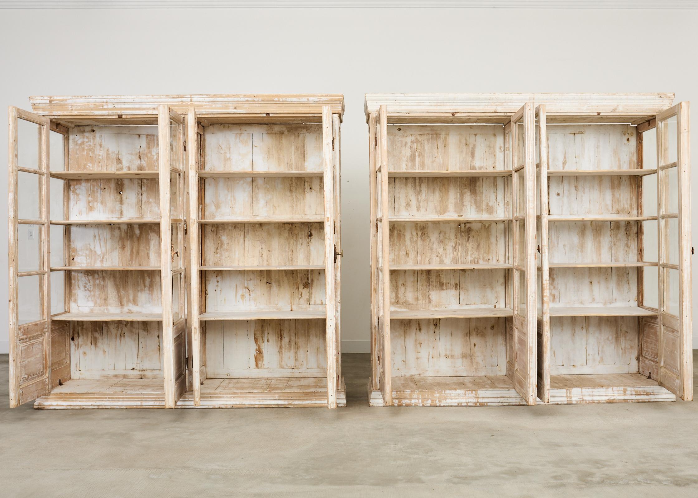 20th Century Pair of Country French Pine Library Bookcases Beveled Glass Doors For Sale